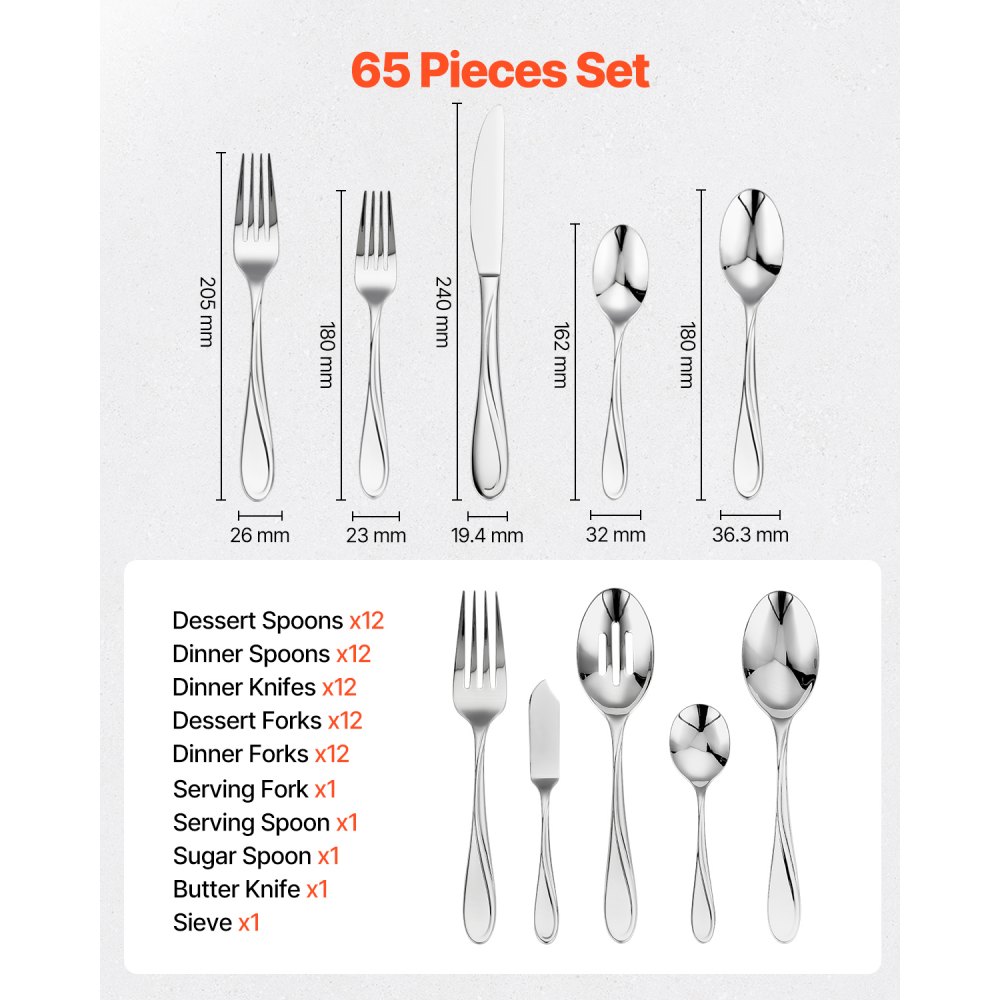VEVOR 65-piece cutlery set made of food-grade stainless steel, high-gloss polished cutlery set, dishwasher-safe tableware for home kitchen, service for 12 people, including knife, fork, and spoon