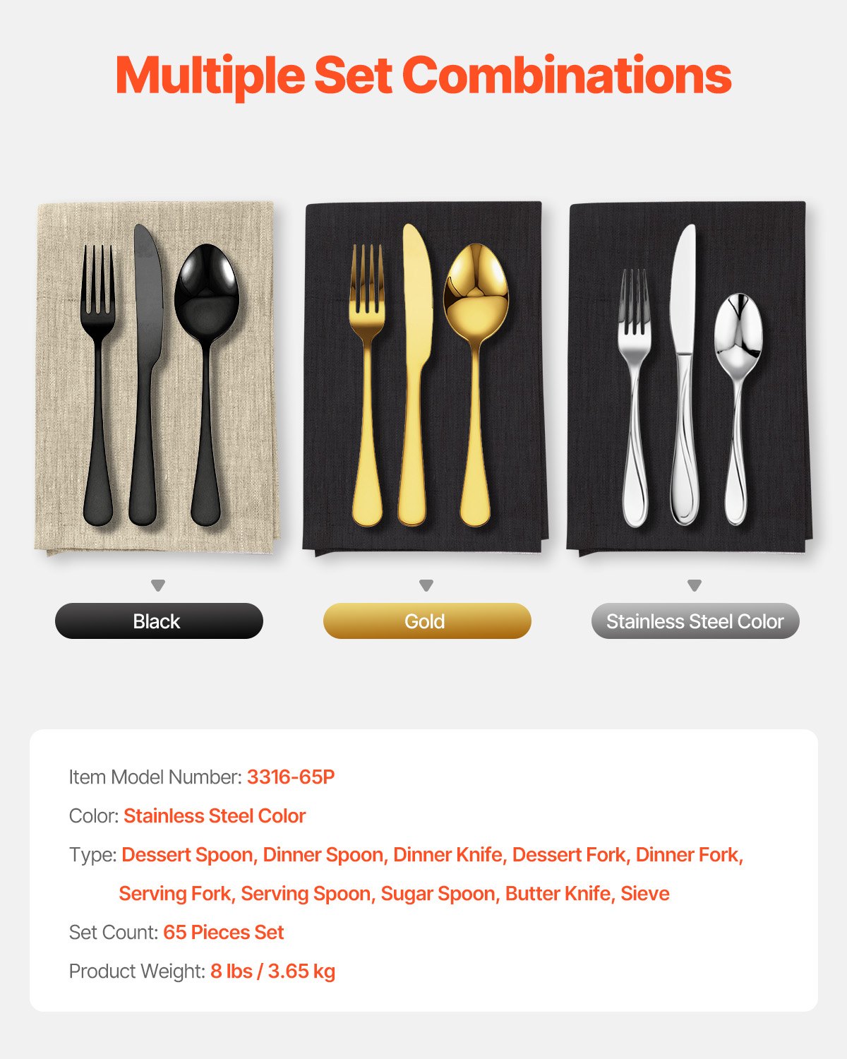 VEVOR 65-piece cutlery set made of food-grade stainless steel, high-gloss polished cutlery set, dishwasher-safe tableware for home kitchen, service for 12 people, including knife, fork, and spoon