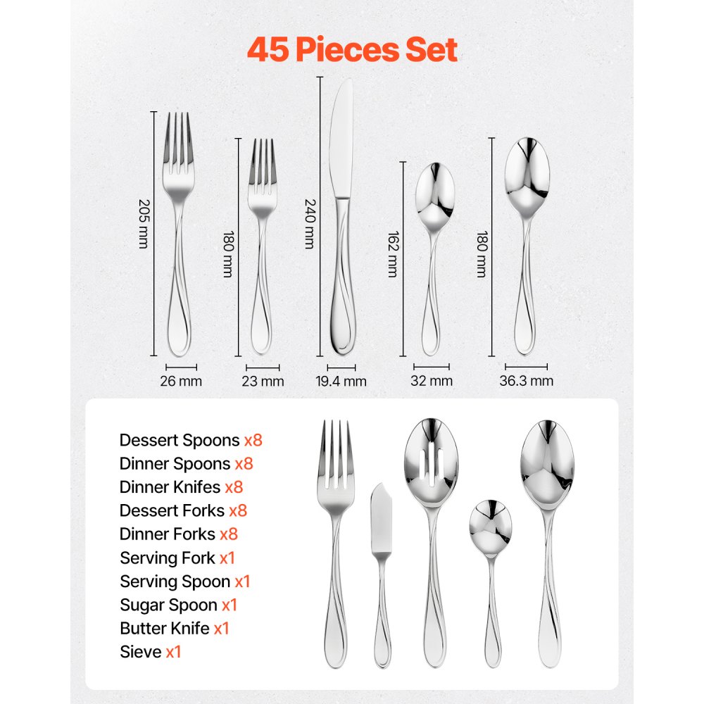 VEVOR 45-piece cutlery set made of food-grade stainless steel, high-gloss polished cutlery set, dishwasher-safe tableware for the kitchen, service for 8 people, including knife, fork, and spoon