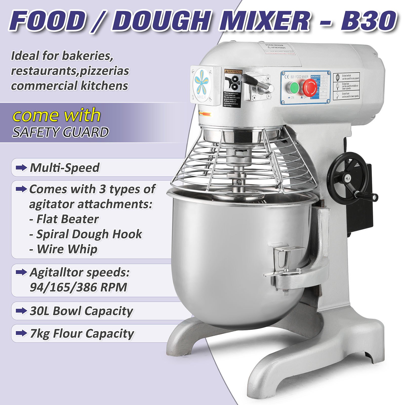 Batidora Amasadora Vevor Artisan 30l 1100w Robot De Cocina - Plata