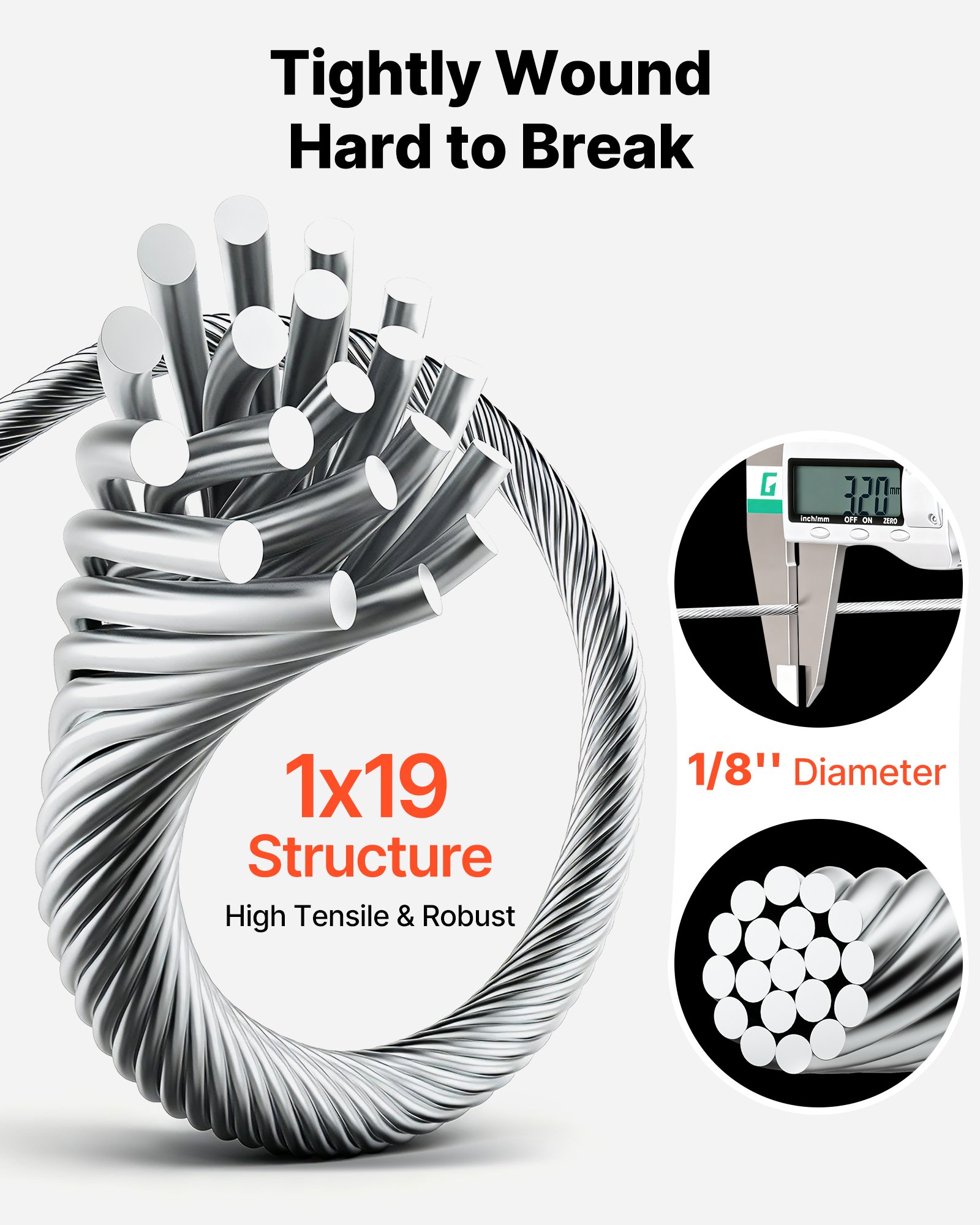 VEVOR Cable de Acero Inoxidable 316 Diámetro de 3,2 mm, Rollo de Cuerda de Alambre 152,4 m, Resistencia a la Rotura de 798,3 kg, Construcción de 1 x 19,  para Barandillas y Enrejados de Jardín