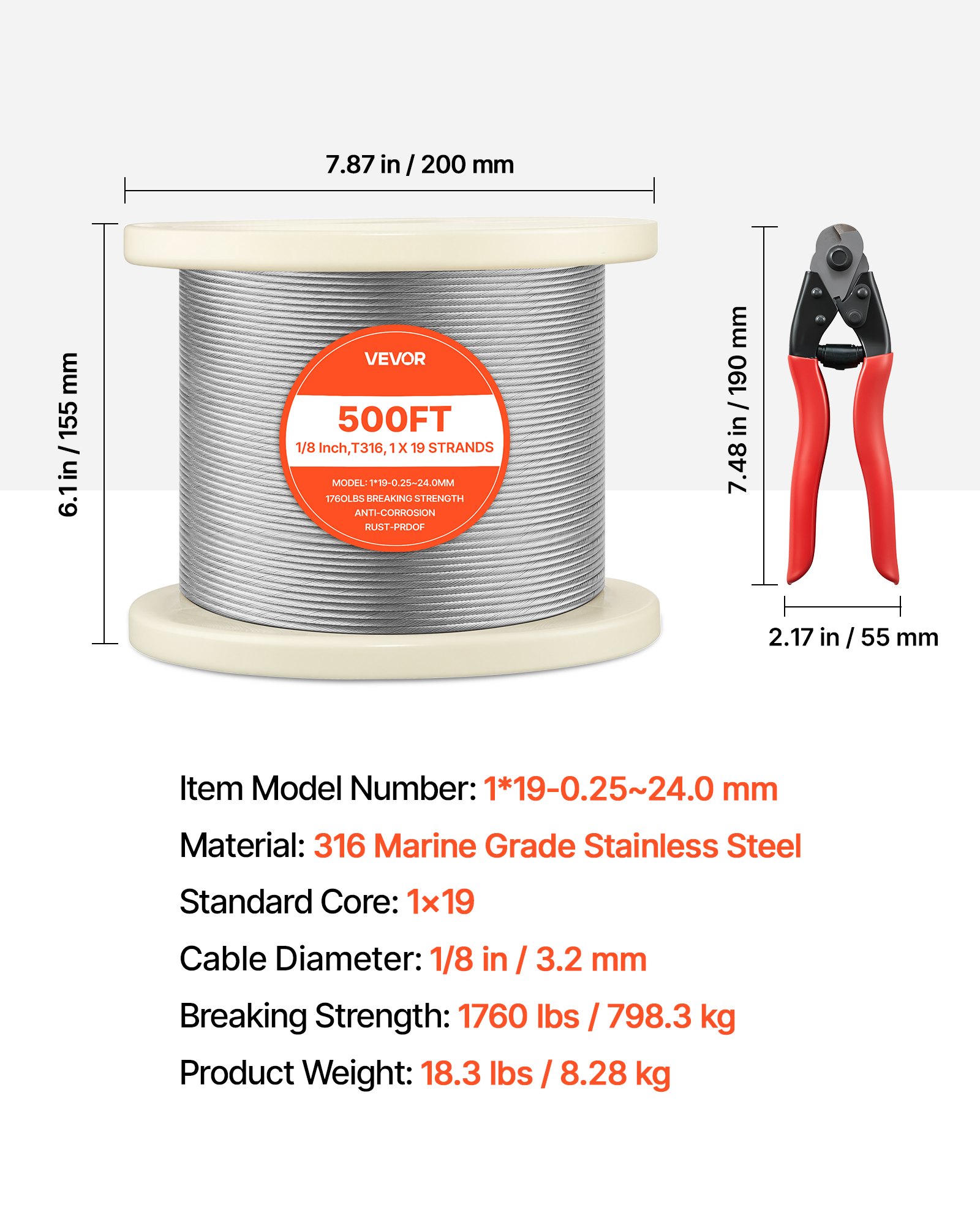 VEVOR Cable de Acero Inoxidable 316 Diámetro de 3,2 mm, Rollo de Cuerda de Alambre 152,4 m, Resistencia a la Rotura de 798,3 kg, Construcción de 1 x 19,  para Barandillas y Enrejados de Jardín