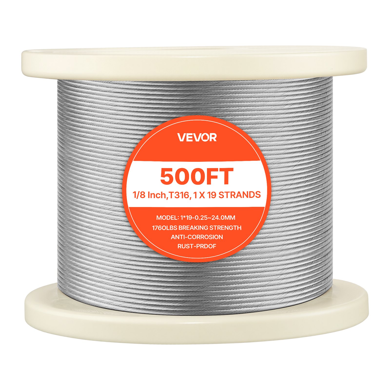 VEVOR Cable de Acero Inoxidable 316 Diámetro de 3,2 mm, Rollo de Cuerda de Alambre 152,4 m, Resistencia a la Rotura de 798,3 kg, Construcción de 1 x 19,  para Barandillas y Enrejados de Jardín