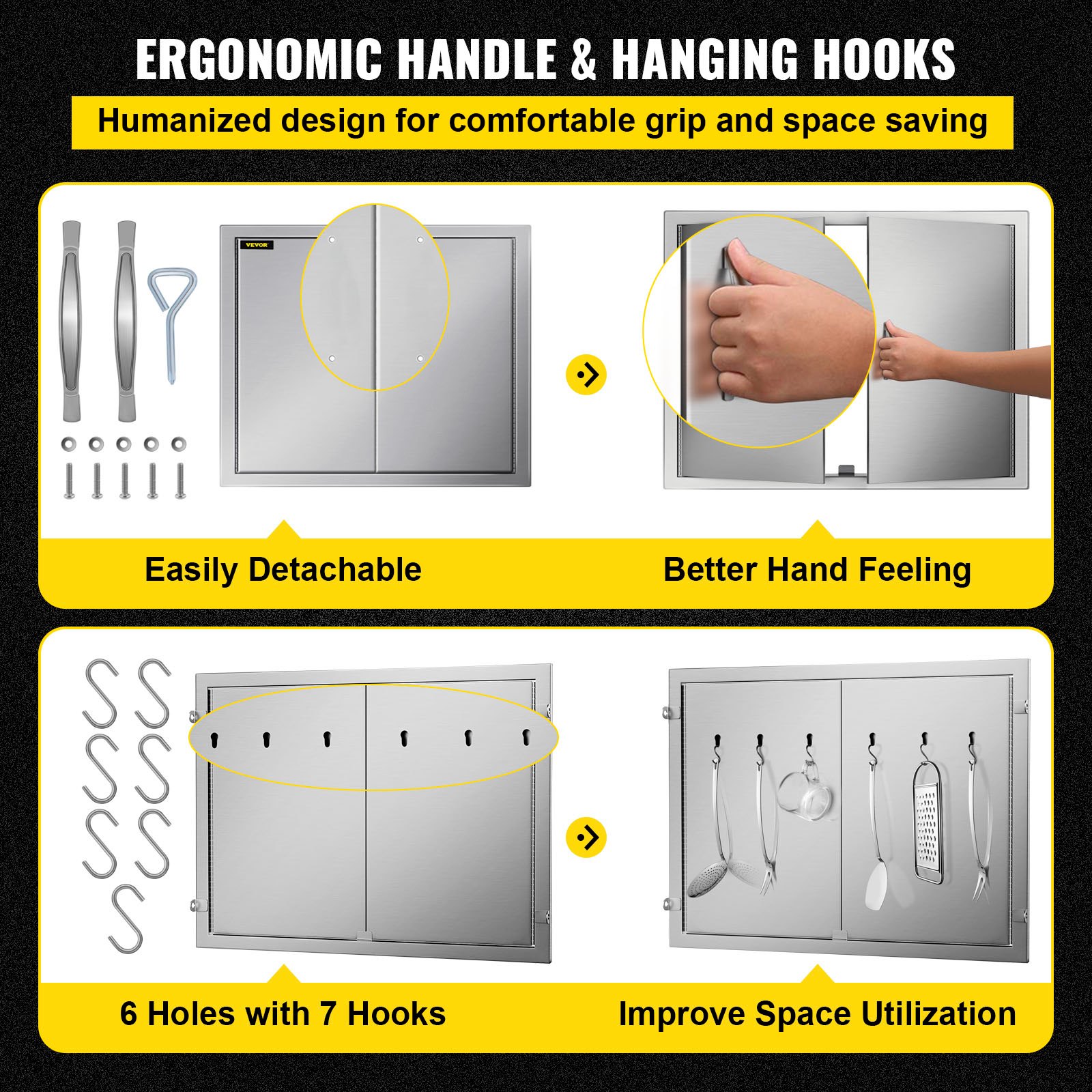 Puerta de doble acceso para barbacoa VEVOR: tirador ergonómico, 6 orificios con 7 ganchos.