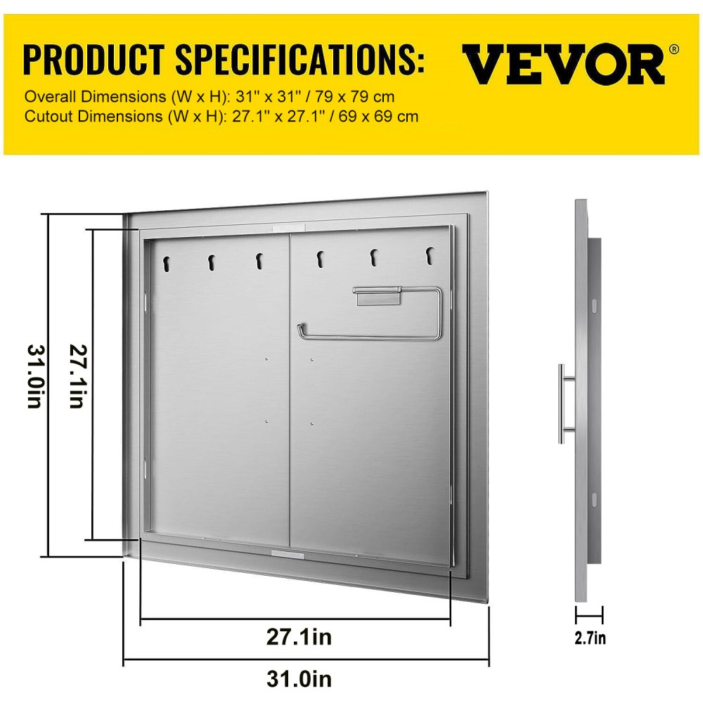 Puerta de acceso para barbacoa VEVOR con dimensiones de 31&quot; x 31&quot; y detalles de vista lateral