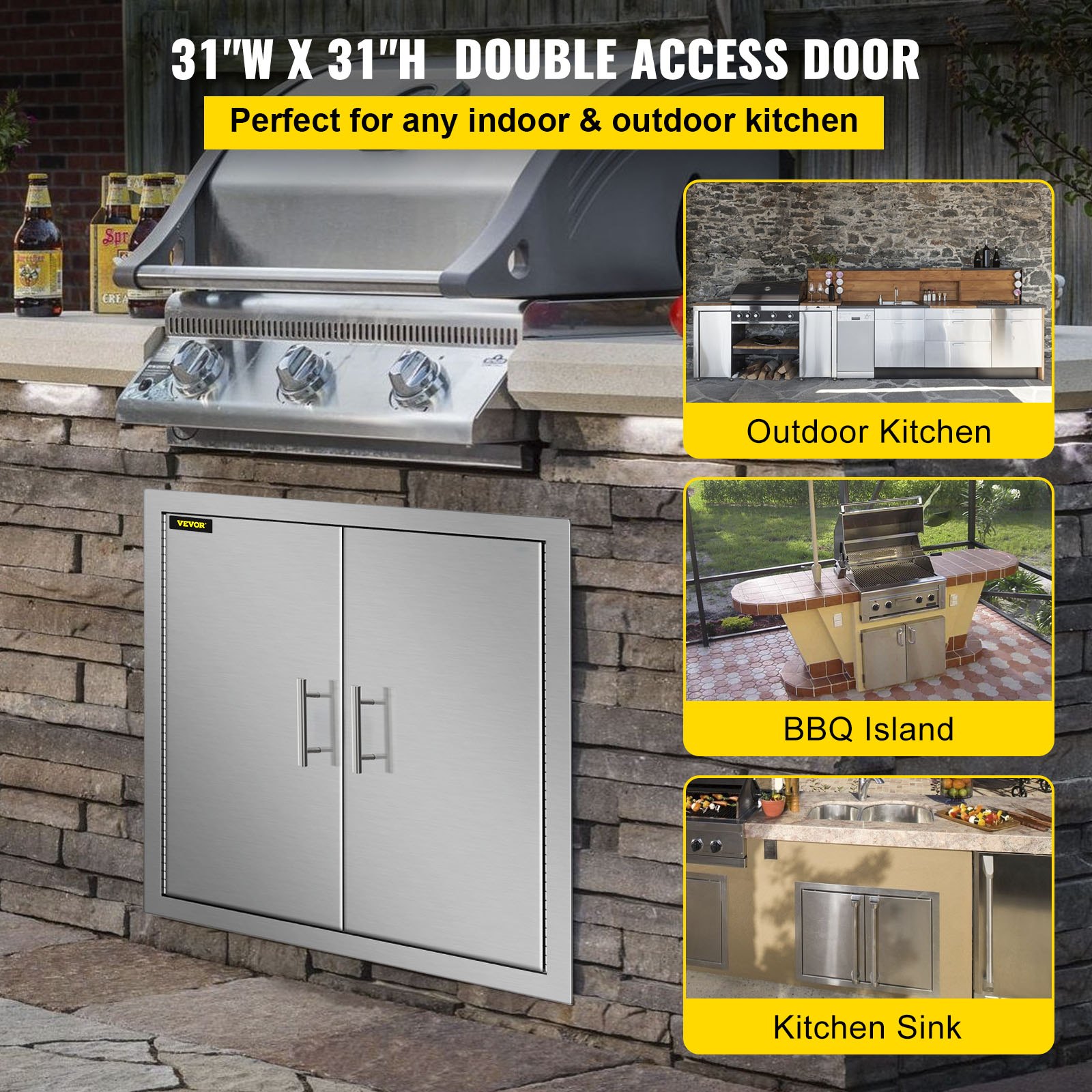 Puerta de acceso para barbacoa VEVOR en configuración de cocina al aire libre con parrilla y encimera de piedra.