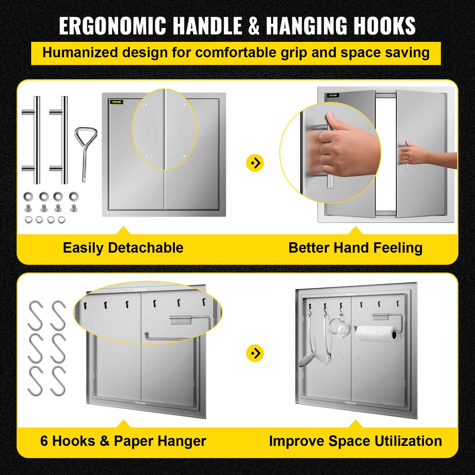 Puerta de acceso para barbacoa VEVOR con manijas ergonómicas, ganchos y percha de papel para ahorrar espacio.
