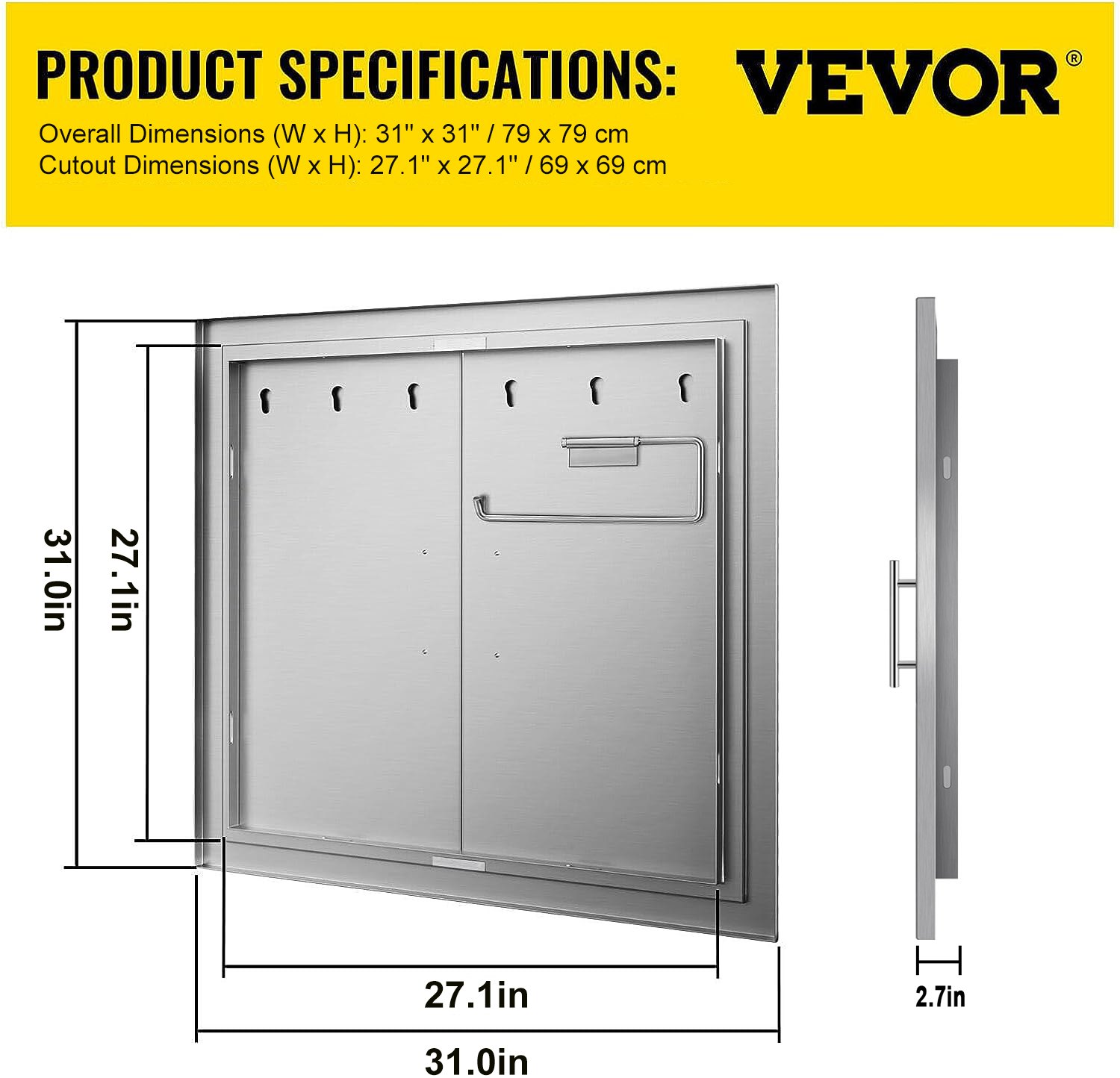 Puerta de acceso para barbacoa VEVOR con dimensiones de 31&quot; x 31&quot; y detalles de vista lateral