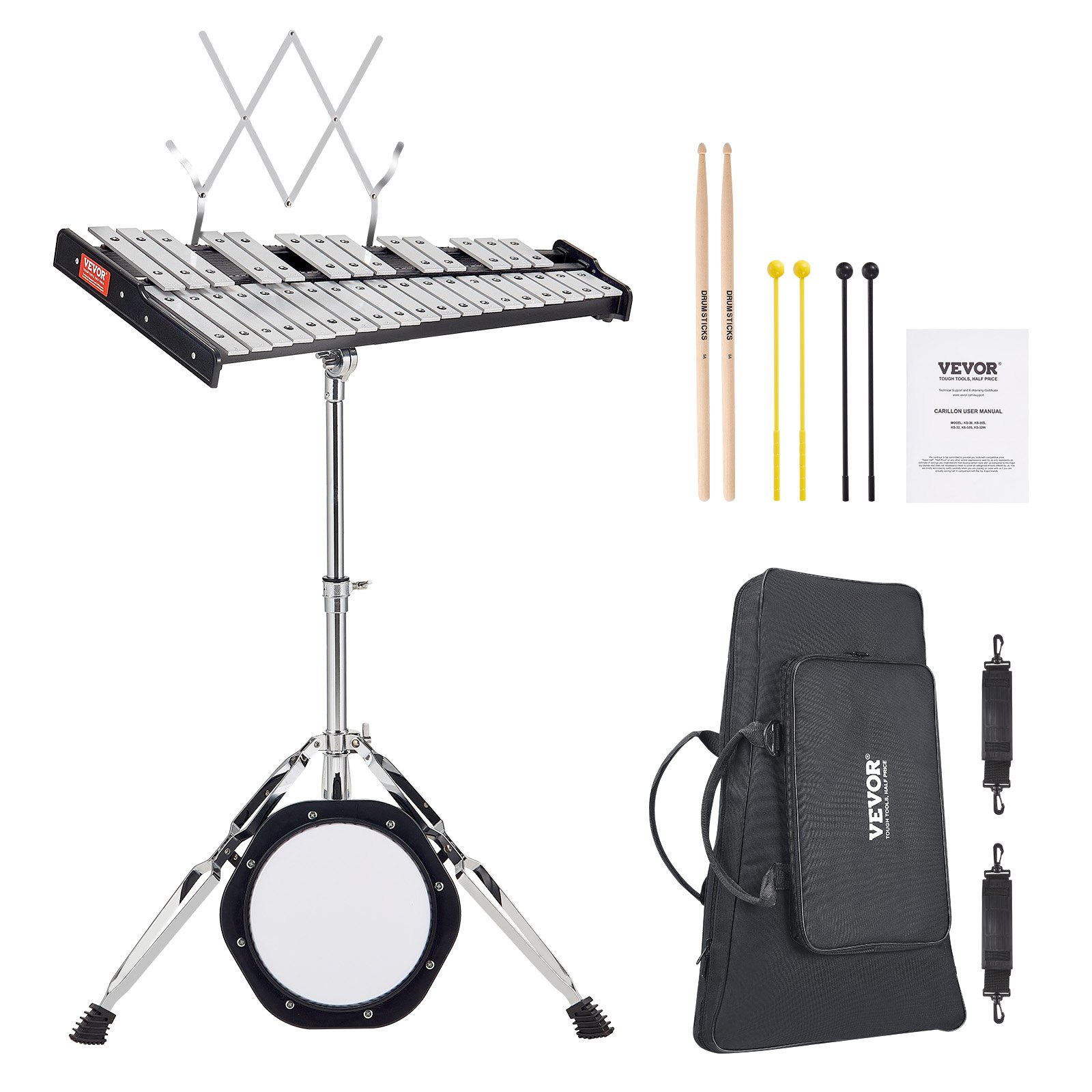 VEVOR Glockenspiel Xylophone Set with 32 Notes, Professional Percussion Set with Mallets, Drumsticks, Music Stand, 20.3 cm Practice Pad, Adjustable Stand and Carrying Case