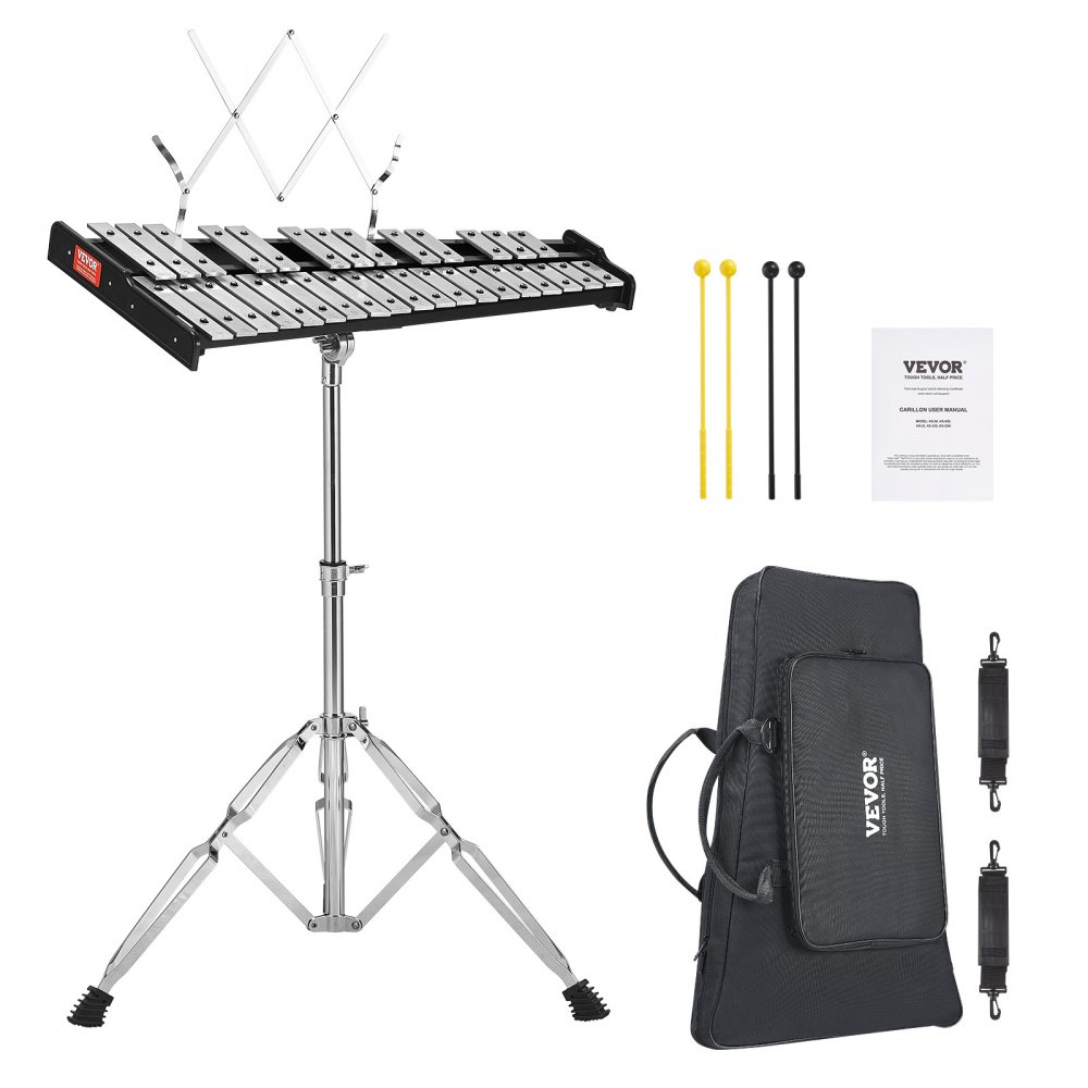 Kit de glockenspiel VEVOR con soporte de metal, mazos negros y amarillos, manual de usuario y bolsa de transporte.