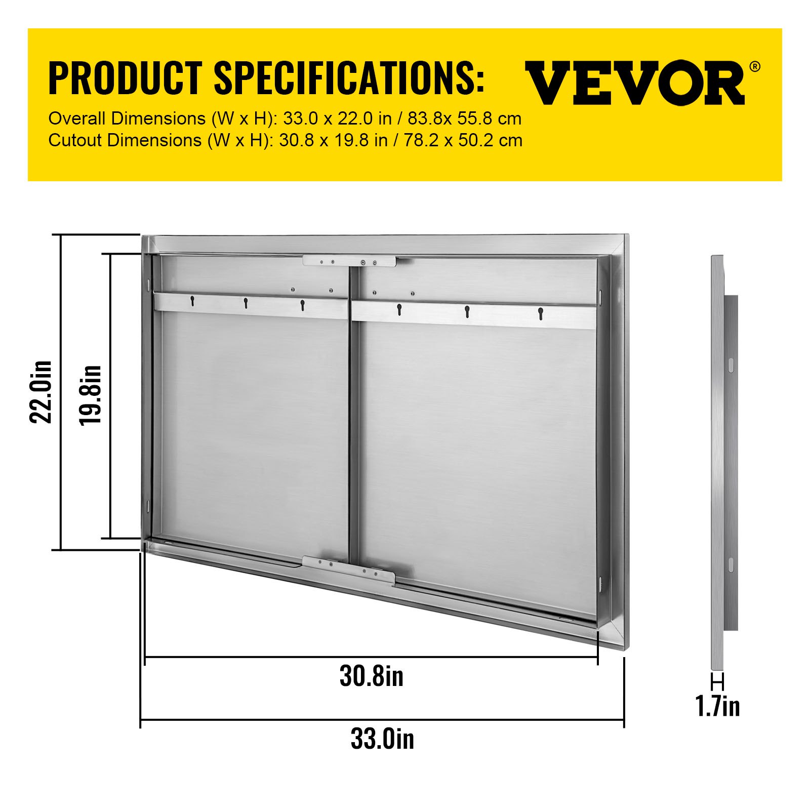 VEVOR Puerta de Acero Inoxidable para Cocina al Aire Libre 83,8 x 55,9 cm, Isla para Asador y Cocina para Exteriores, con Tamaño de Corte de 78,2 x 50,3 cm, Puerta de Acero Inoxidable para Barbacoa