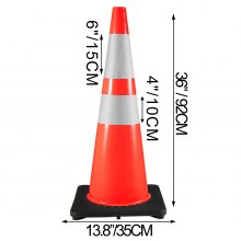 Conos de seguridad vial 6 piezas Conos de estacionamiento de PVC de 36 "con 2 collares reflectantes Base de goma negra de 14" X 14 "para sitios de construcción de carreteras de advertencia superior