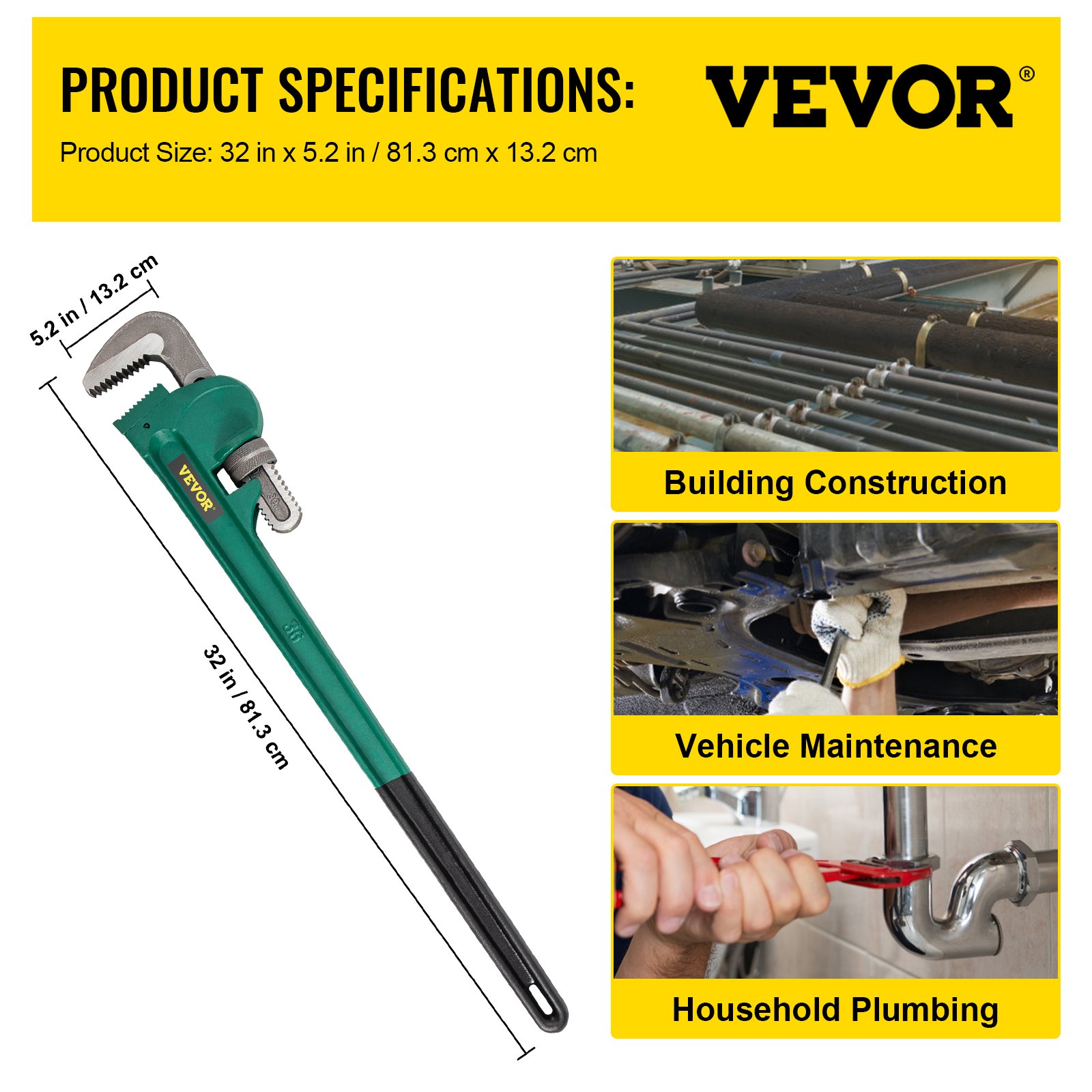VEVOR Llave para Tubos de Aluminio 91,4 cm Llave de Garra Ideal para Tubos de 50,8 a 89 mm Llave para Tubos de Plomería Ajustable Capacidad de Mandíbula de 85 mm Alicates para Plomería
