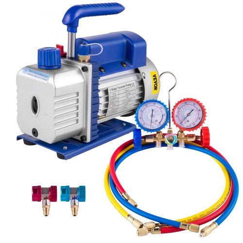 VEVOR Bomba de Vacío 3 CFM 1/4 HP, Bomba de Vacio Coche para Aire Acondicionado, Bomba de Vacío de Etapa Única Ideal para R22, R134A, R410A Frío (con Juego de Manómetros Diagnósticos 2 Vías)