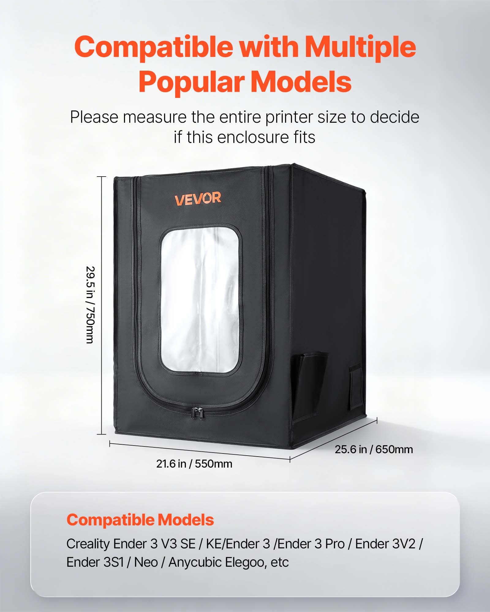 VEVOR Carcasa para Impresora 3D, 55 x 65 x 75 cm, Cubierta Protectora Antipolvo con Temperatura Constante e Iluminación LED, Compatible con Modelos Comunes de Creality/ELEGOO/Anycubic, Negro