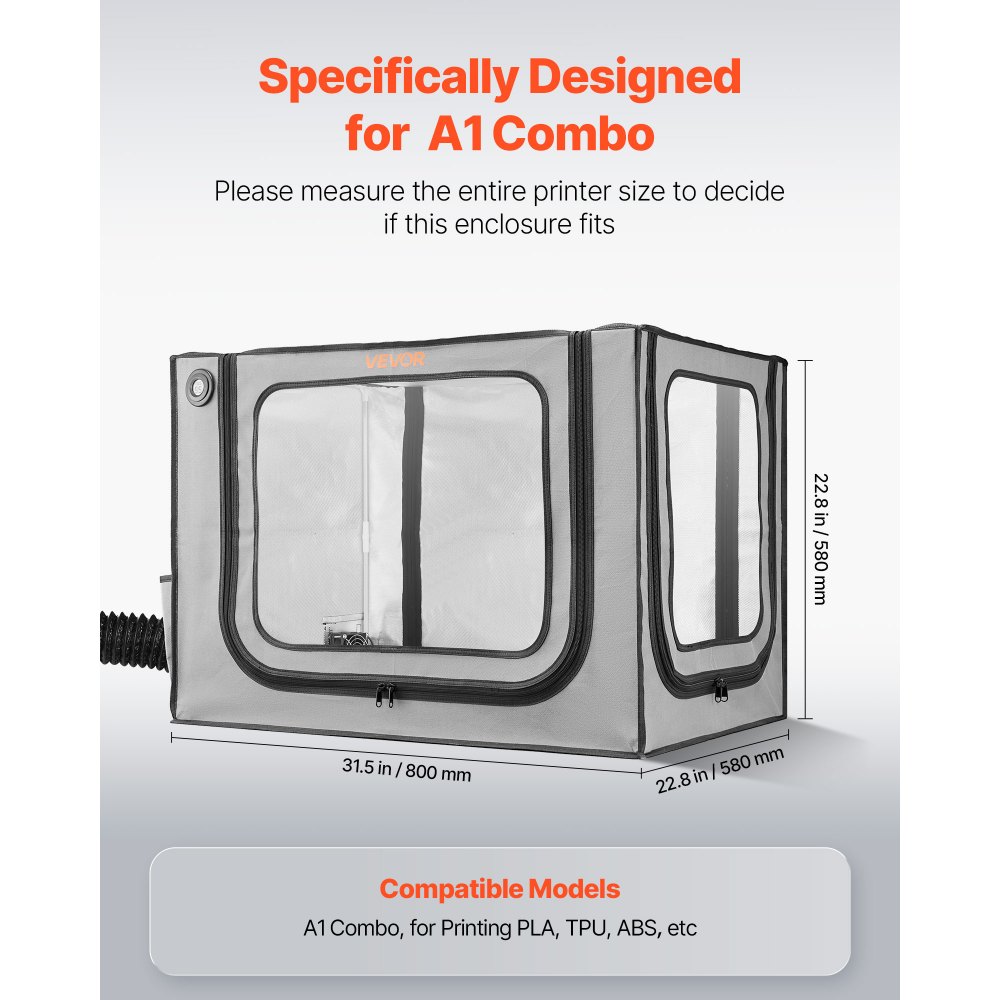 VEVOR Carcasa para Impresora 3D, 800 x 580 x 580 mm, Ignífuga, Resistente al Polvo y al Agua, con Temperatura Constante, Iluminación LED y Ventilación, Compatible con Bambu Lab A1 Combo, Gris