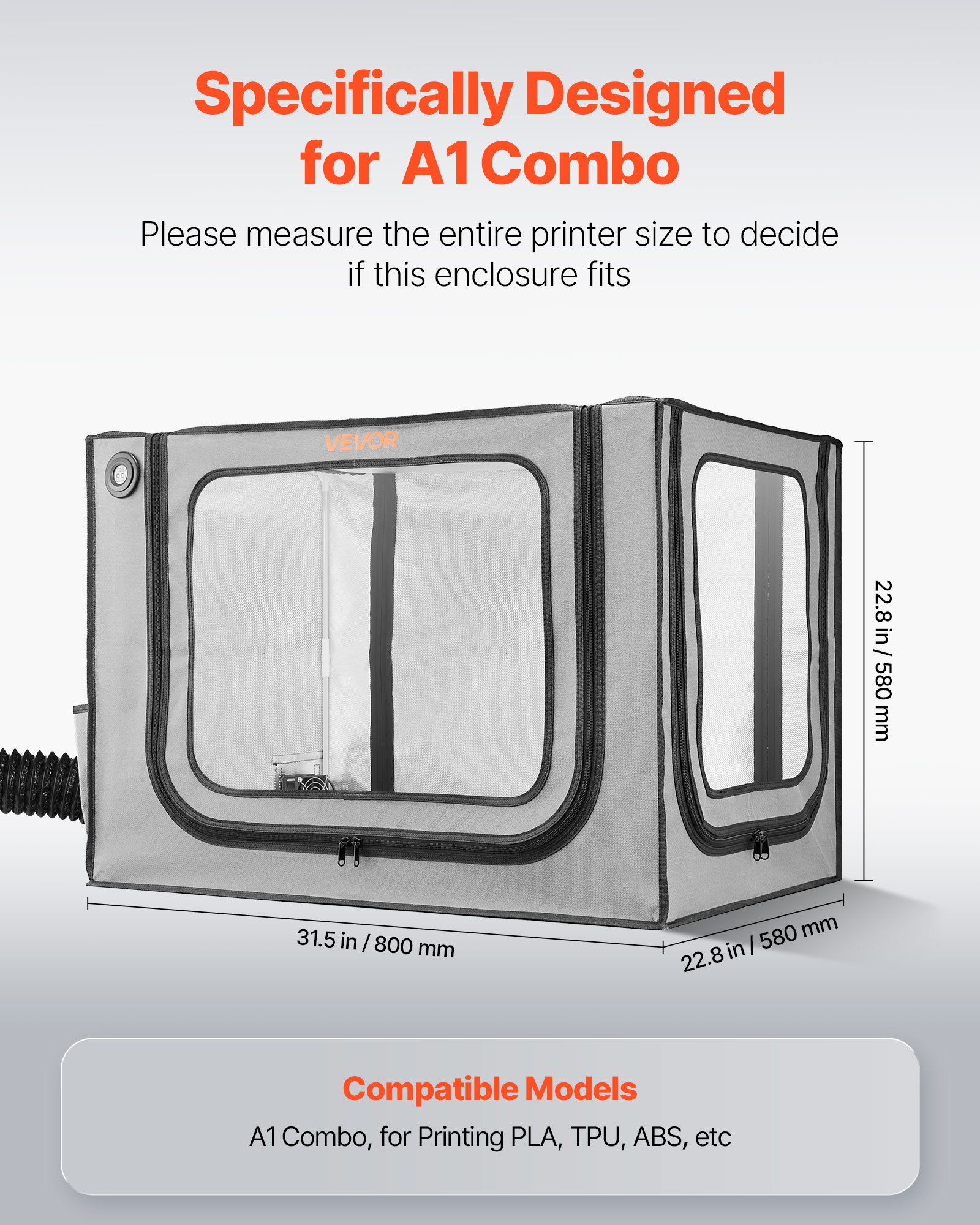 VEVOR Carcasa para Impresora 3D, 800 x 580 x 580 mm, Ignífuga, Resistente al Polvo y al Agua, con Temperatura Constante, Iluminación LED y Ventilación, Compatible con Bambu Lab A1 Combo, Gris