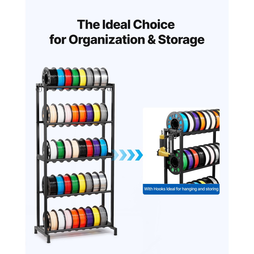 VEVOR 3D Printer Filament Storage Rack, 5 Tier Heavy Duty Storage Shelves for 3D Printing Filaments, Filament Spool Holders Racks for 3D Printing Studio, Home Studio, Office, Workshop (Shelf Only)