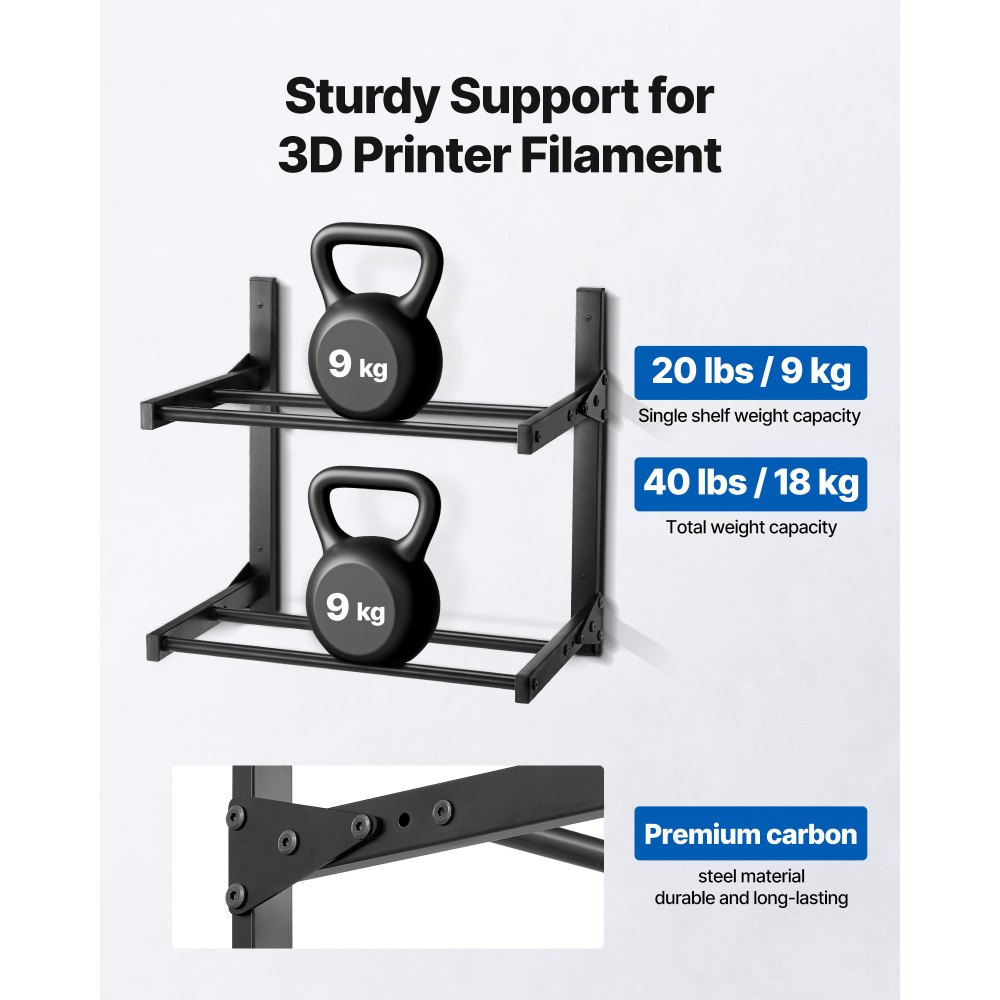 VEVOR Estante de Almacenamiento de Filamentos 2 Niveles Montado en Pared 445 x 290 x 425 mm Soporte de Metal para Carretes de Filamento para Estudios de Impresión 3D, Talleres de Oficina, Negro