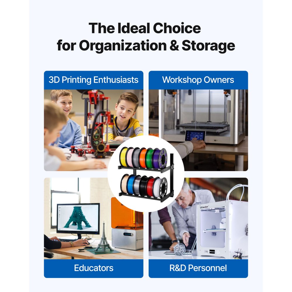 VEVOR Estante de Almacenamiento de Filamentos 2 Niveles Montado en Pared 445 x 290 x 425 mm Soporte de Metal para Carretes de Filamento para Estudios de Impresión 3D, Talleres de Oficina, Negro
