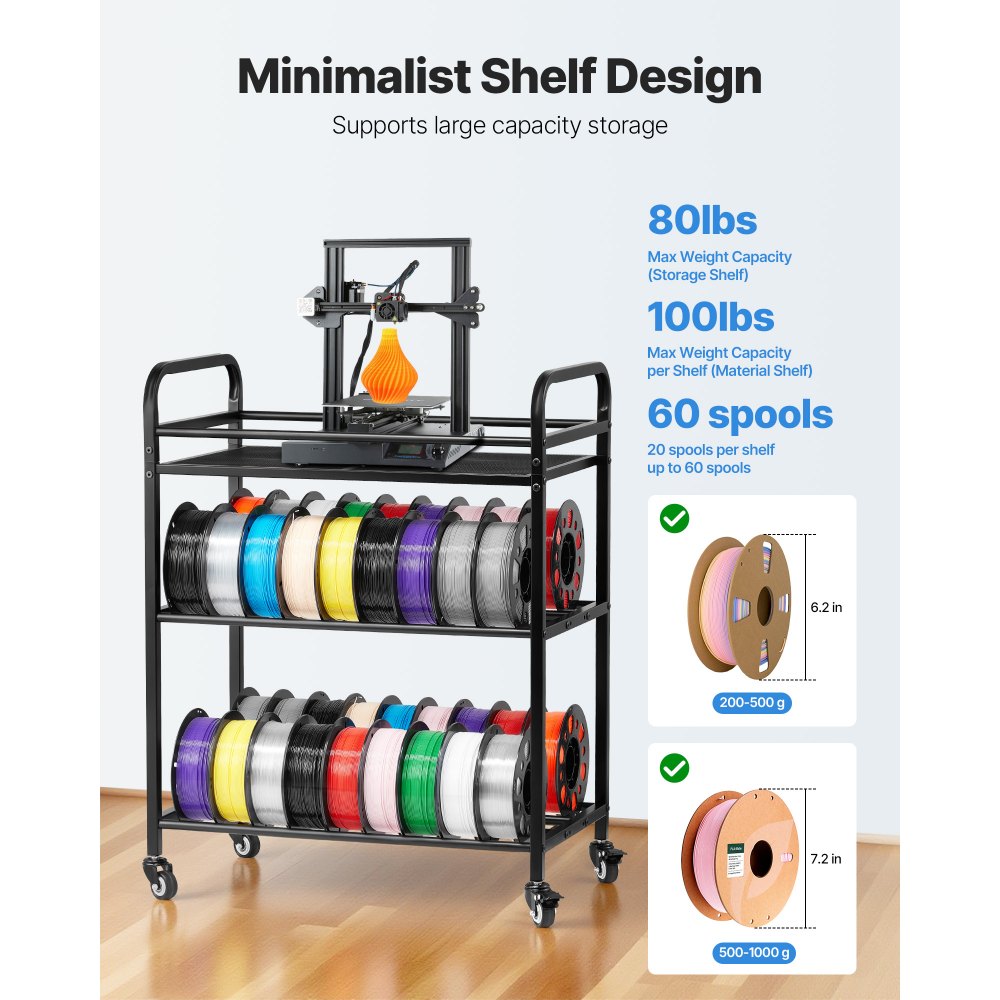 VEVOR Estante de Almacenamiento de Filamentos de 3 Niveles para Impresión 3D Soporte de Metal para Bobinas de Filamento con Ruedas 680 x 400 x 880 mm para Estudios, Talleres, Oficinas, Negro