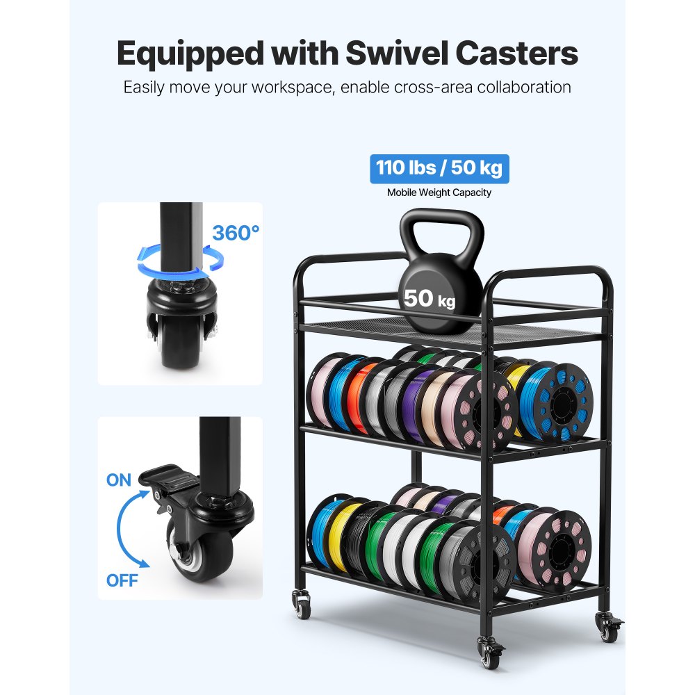 VEVOR Estante de Almacenamiento de Filamentos de 3 Niveles para Impresión 3D Soporte de Metal para Bobinas de Filamento con Ruedas 680 x 400 x 880 mm para Estudios, Talleres, Oficinas, Negro