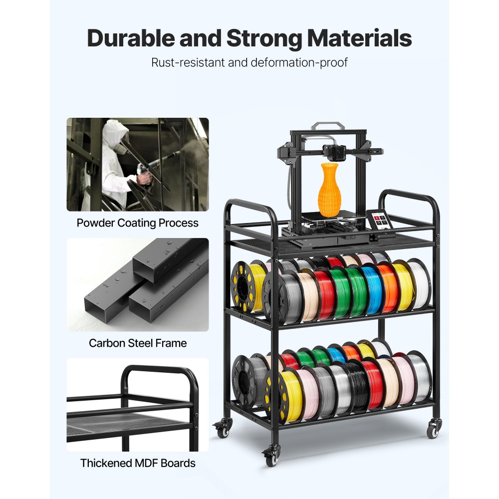 VEVOR Estante de Almacenamiento de Filamentos de 3 Niveles para Impresión 3D Soporte de Metal para Bobinas de Filamento con Ruedas 680 x 400 x 880 mm para Estudios, Talleres, Oficinas, Negro