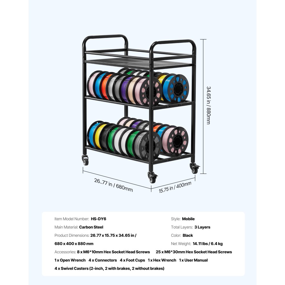 VEVOR Estante de Almacenamiento de Filamentos de 3 Niveles para Impresión 3D Soporte de Metal para Bobinas de Filamento con Ruedas 680 x 400 x 880 mm para Estudios, Talleres, Oficinas, Negro