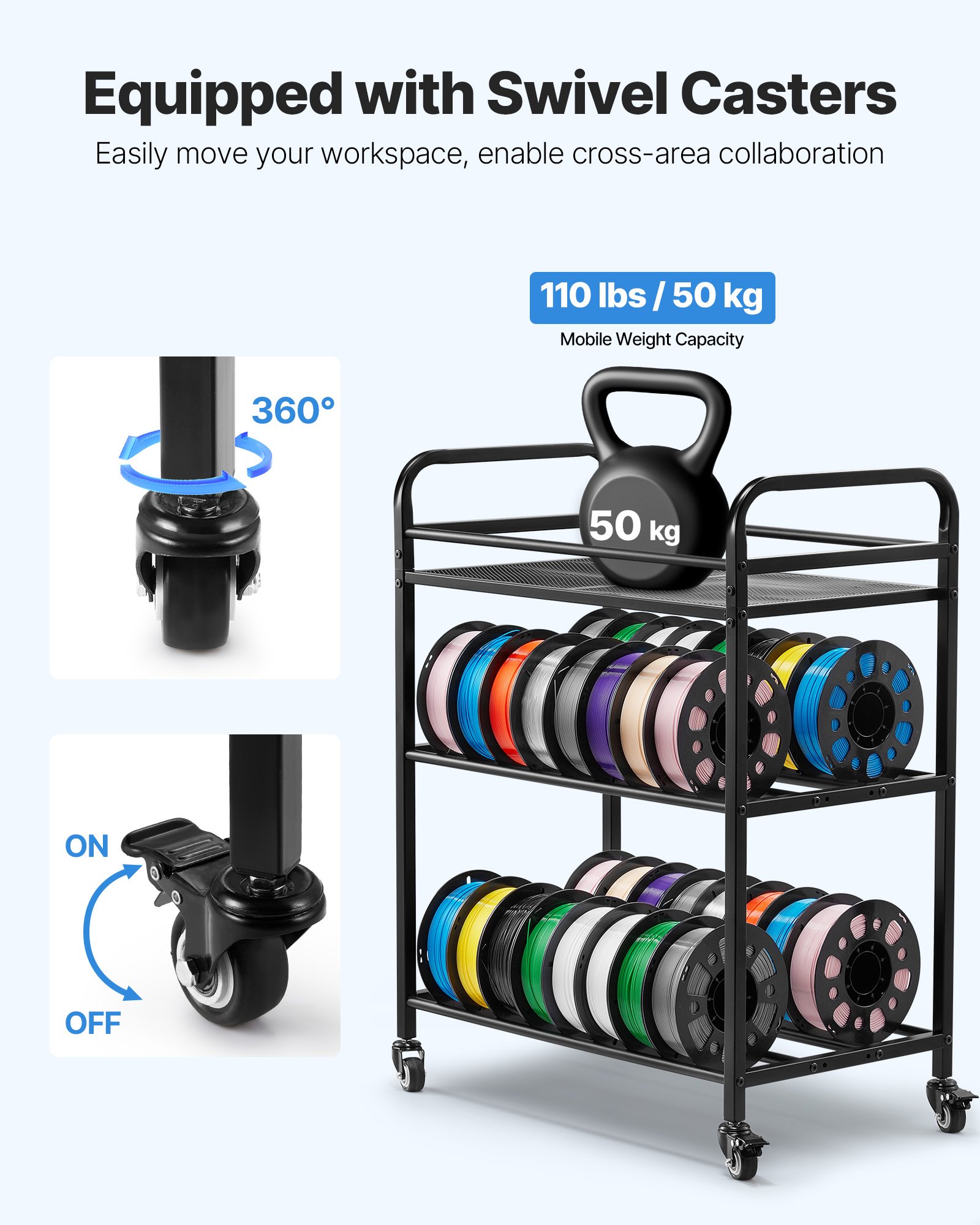 VEVOR 3D Printer Filament Storage Rack, 3 Tier Heavy Duty Storage Shelf, Rolling Filament Spool Holders Racks with Wheels, Filaments Organzied for 3D Printing Station, Office, Workshop (Shelf Only)