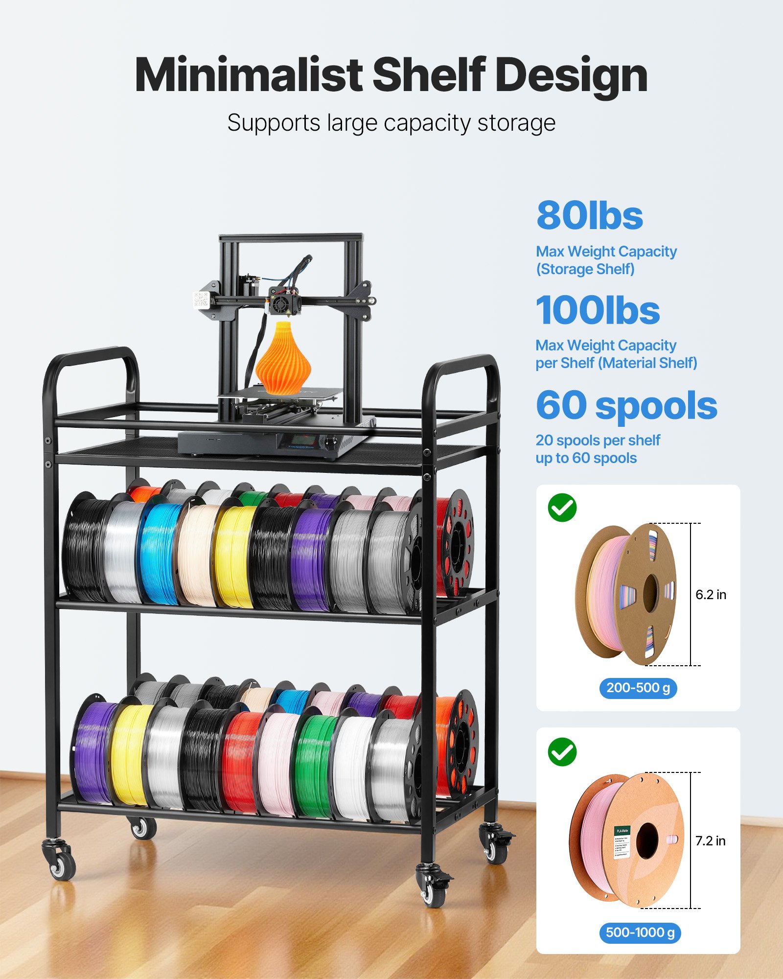 VEVOR Estante de Almacenamiento de Filamentos de 3 Niveles para Impresión 3D Soporte de Metal para Bobinas de Filamento con Ruedas 680 x 400 x 880 mm para Estudios, Talleres, Oficinas, Negro