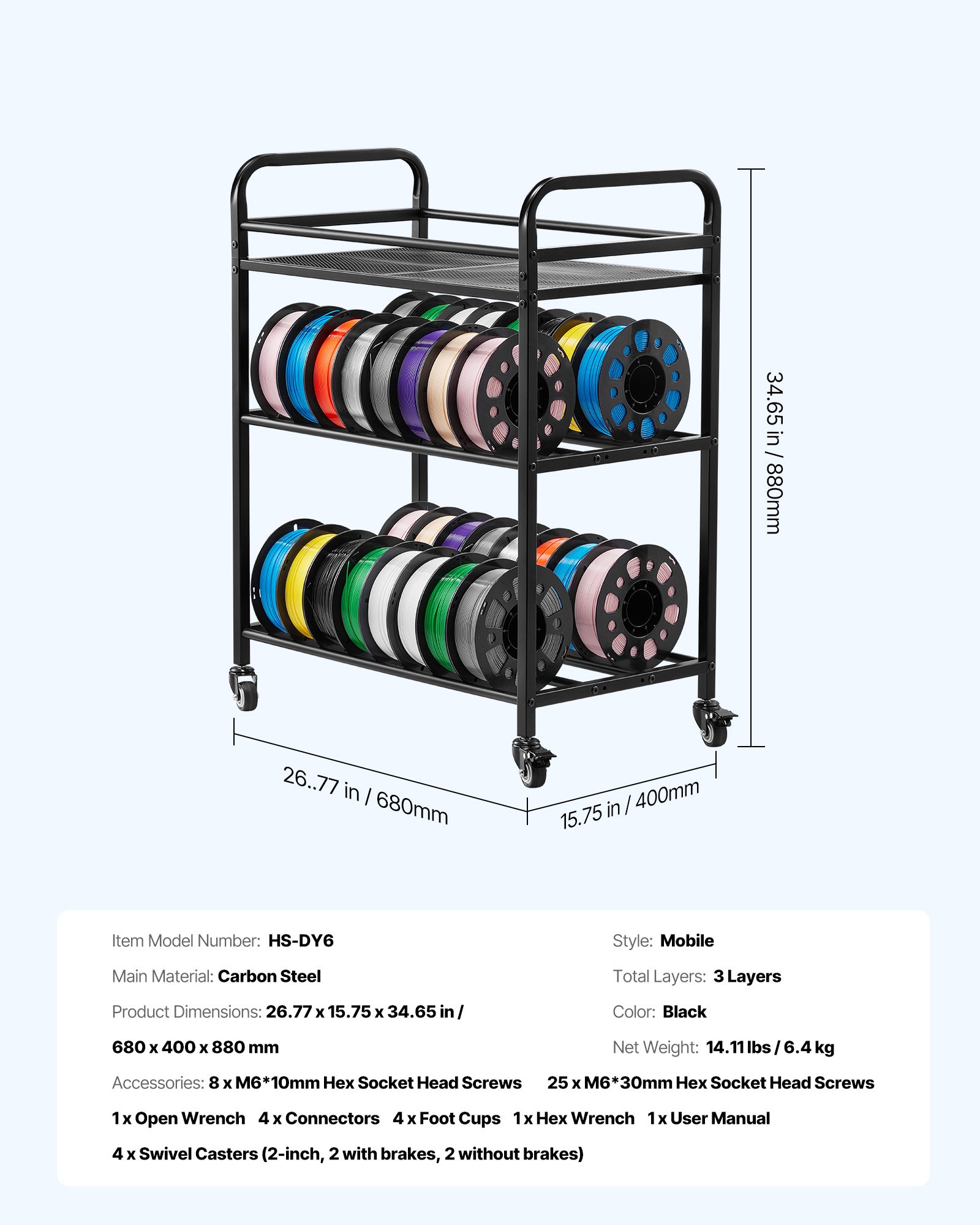 VEVOR Estante de Almacenamiento de Filamentos de 3 Niveles para Impresión 3D Soporte de Metal para Bobinas de Filamento con Ruedas 680 x 400 x 880 mm para Estudios, Talleres, Oficinas, Negro