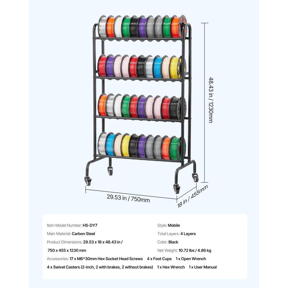 VEVOR 3D Printer Filament Storage Rack, 4 Tier Heavy Duty Storage Shelf, Rolling Filament Spool Holders Racks with Wheels, Filaments Organzied for 3D Printing Station, Office, Workshop (Shelf Only)