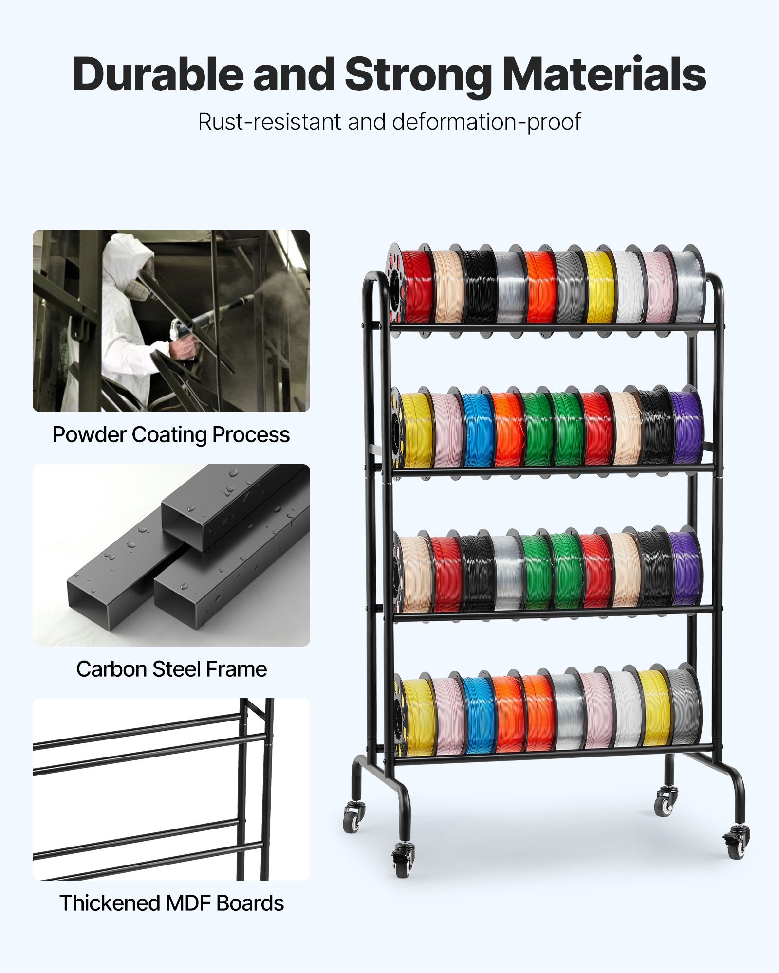 VEVOR Estante de Almacenamiento de Filamentos de 4 Niveles para Impresión 3D Soporte de Metal para Bobinas de Filamento con Ruedas 750 x 455 x 1230 mm para Estudios, Talleres, Oficinas, Negro