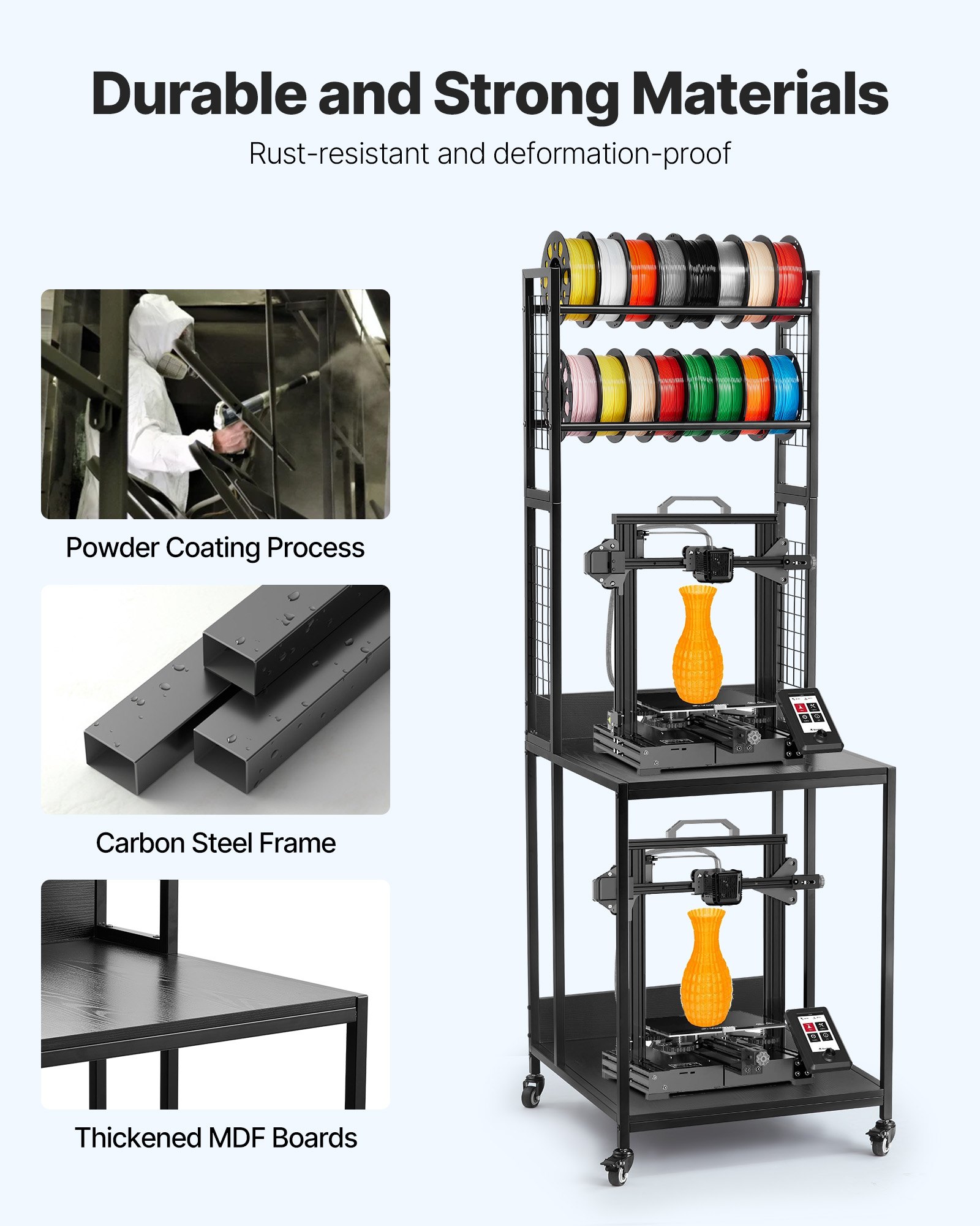 VEVOR Estante de Almacenamiento de Filamentos 4 Niveles para Impresión 3D Carrito de Metal con Ruedas para Carretes de Filamento 600 x 600 x 1800 mm para Estudios, Talleres, Oficinas, Negro