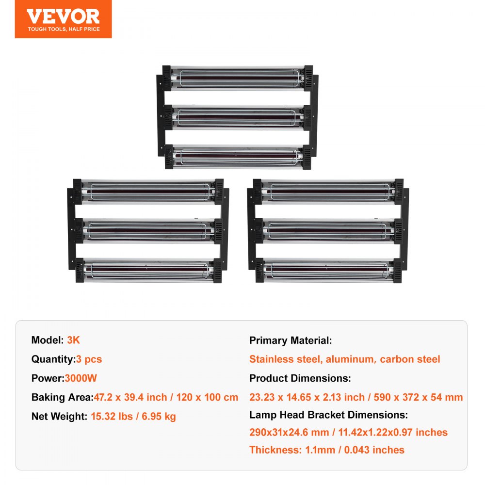 VEVOR 3x Paint Dryer Infrared Heater Infrared Lamp 3kW