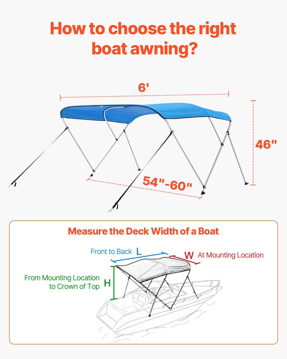 VEVOR Toldo Bimini para Barco de 3 Arcos, Poliéster 600D con Estructura Aleación Aluminio, Impermeable, Protección Solar, con Bolsa de Almacenamiento, 1,83 m x 137,6 cm x 117,8 cm, Azul Pacífico