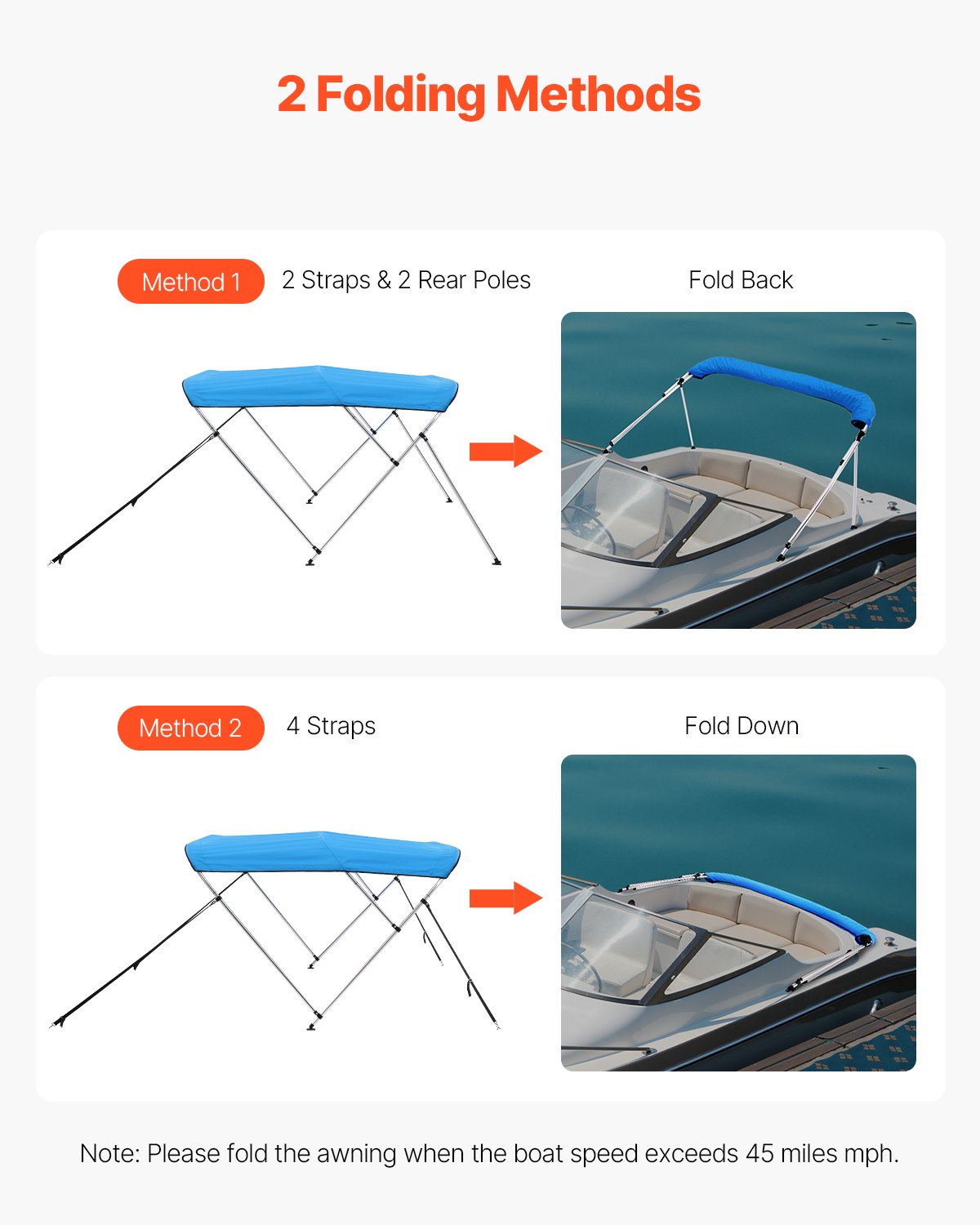VEVOR Bimini Top Boat Cover Sunshade (3 arches) made of 600D polyester with aluminum alloy frame, waterproof sunshade boat awning with storage bag, 185-198 cm (W) Blue