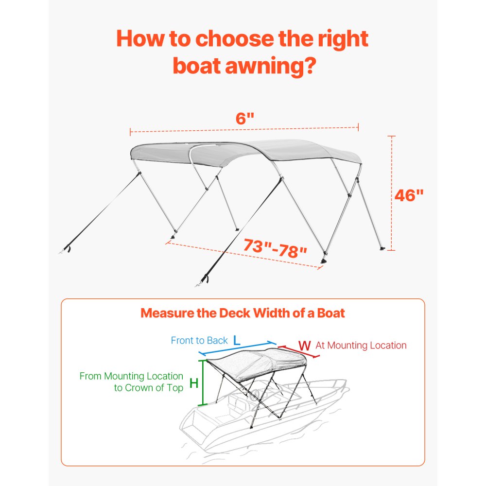 VEVOR Bimini Top Boat Cover Sunshade (3 arches) made of 600D polyester with aluminum alloy frame, waterproof sunshade boat awning with storage bag, 185-198 cm (W) Light Grey