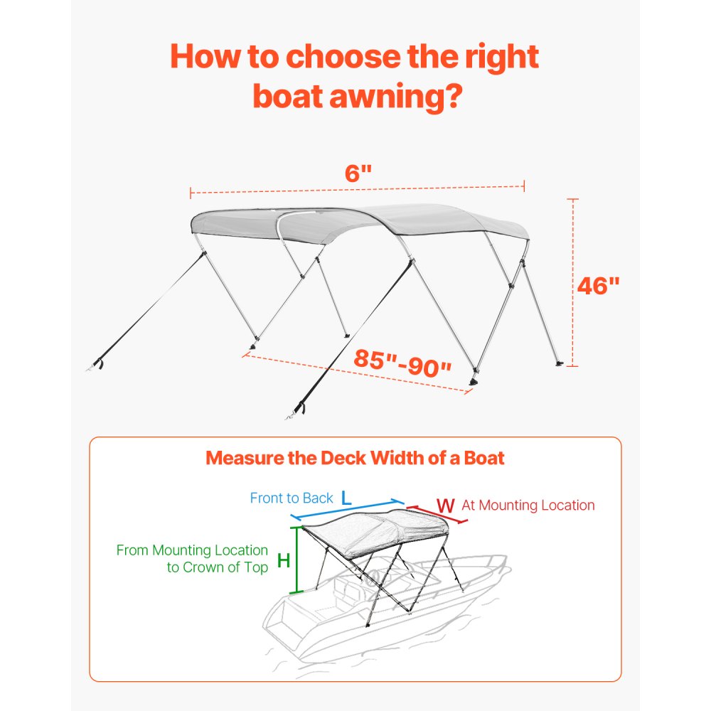 VEVOR Bimini Top Boat Cover Sunshade (3 arches) made of 600D polyester with aluminum alloy frame, waterproof sunshade boat awning with storage bag, 216-229 cm (W) Light Grey