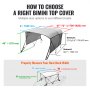 Diagrama que muestra cómo elegir el tamaño correcto del toldo bimini de proa 3 VEVOR para distintos anchos de cubierta de barco.