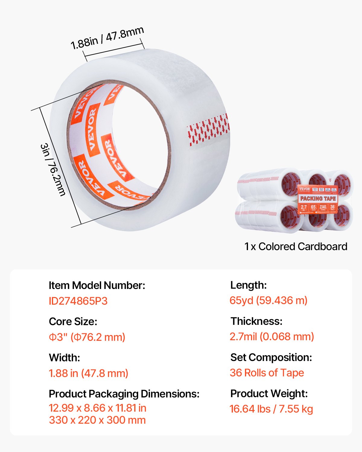 VEVOR Cinta de Embalaje Transparente 36 Rollos 47,8mm x 59,44m Cinta de Envío Transparente Resistente Cinta de Embalaje de 2,7 mil Diseñada para Mudanzas, Almacenamiento, Embalaje, Envío, Correo