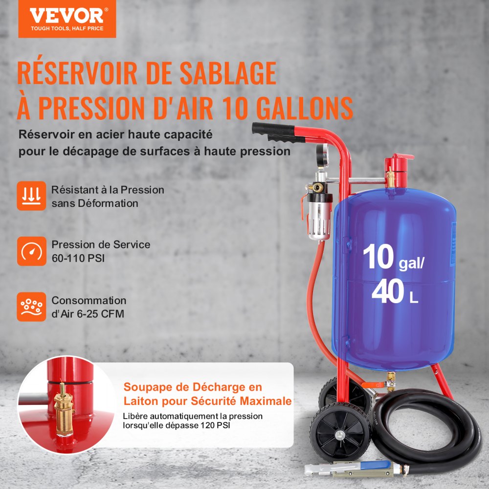 VEVOR Máquina Chorro de Arena 40L, Arenadora Chorro de Aena Profesional 60-125 PSI, con Accesorios 3 m, Chorreadora de Arena para Eliminar Pintura u Óxido de Equipos