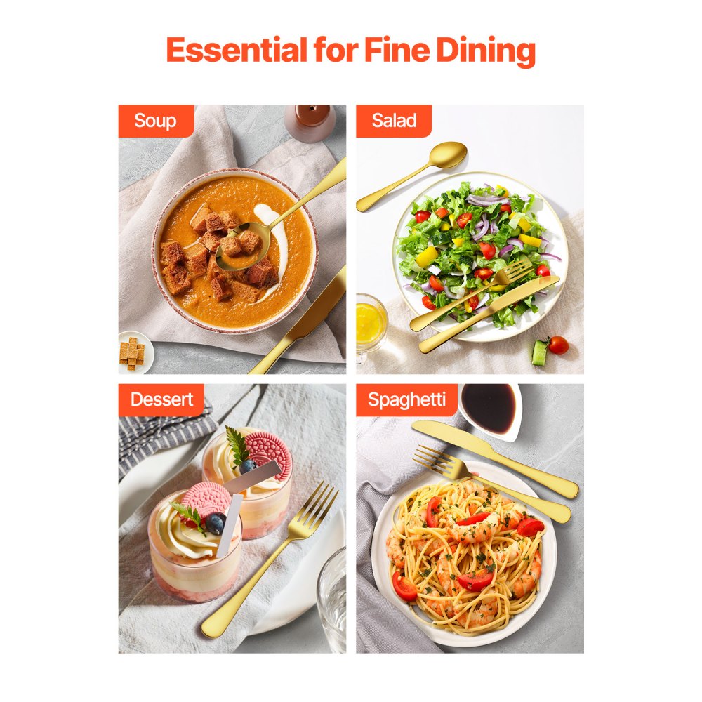 VEVOR Juego de Cubiertos Dorados de 100 Piezas, Acero Inoxidable de Grado Alimenticio para 20 Personas, con Acabado de Espejo, Vajilla Apta para Lavavajillas, Incluye Cuchillo, Tenedor y Cuchara