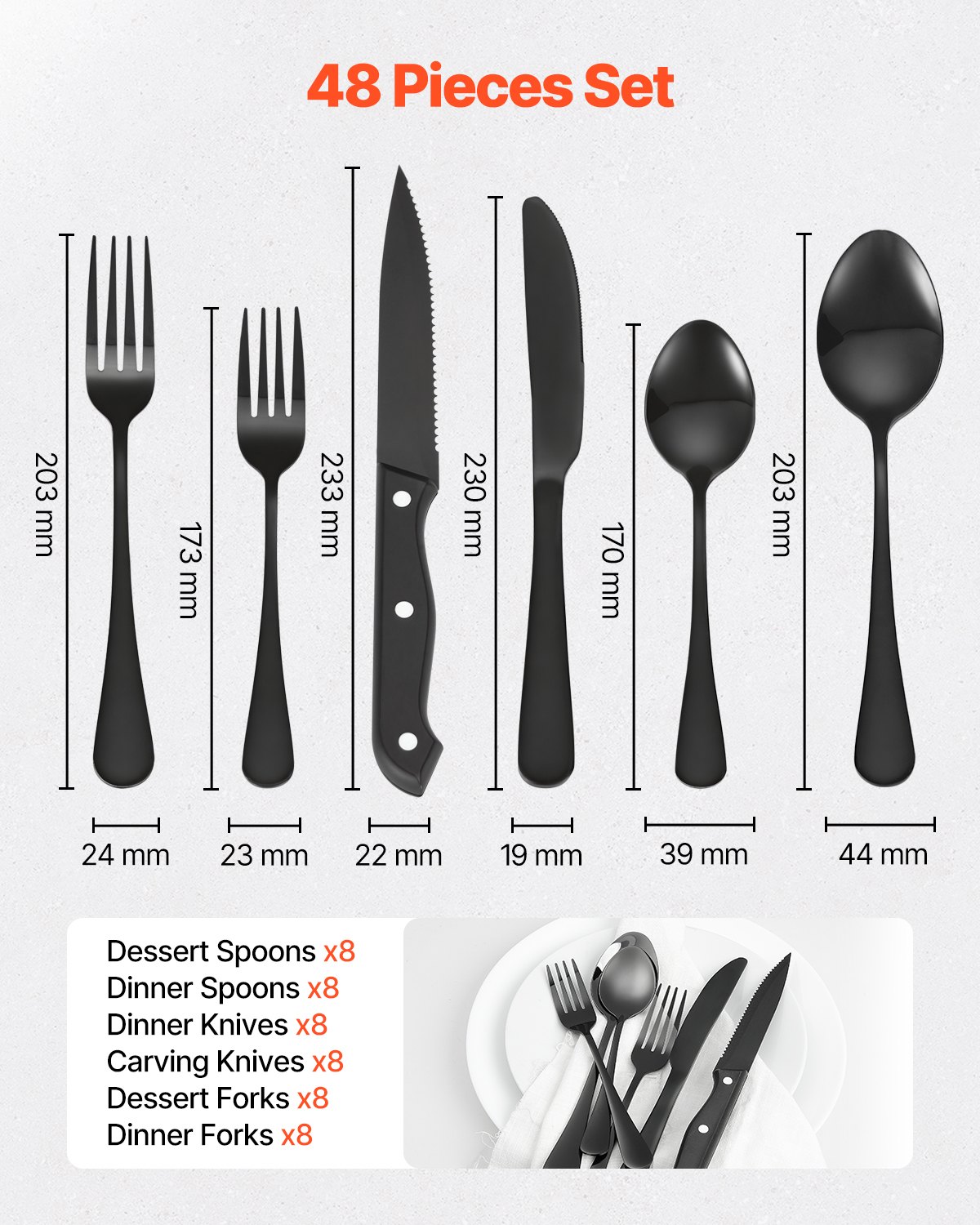 VEVOR 48-piece cutlery set made of food-grade stainless steel, high-gloss polished cutlery set, dishwasher-safe tableware for the kitchen, service for 8 people, including knife, fork, and spoon