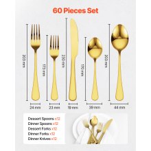 VEVOR Juego de Cubiertos de Acero Inoxidable de 60 Piezas 12 Personas Dorado