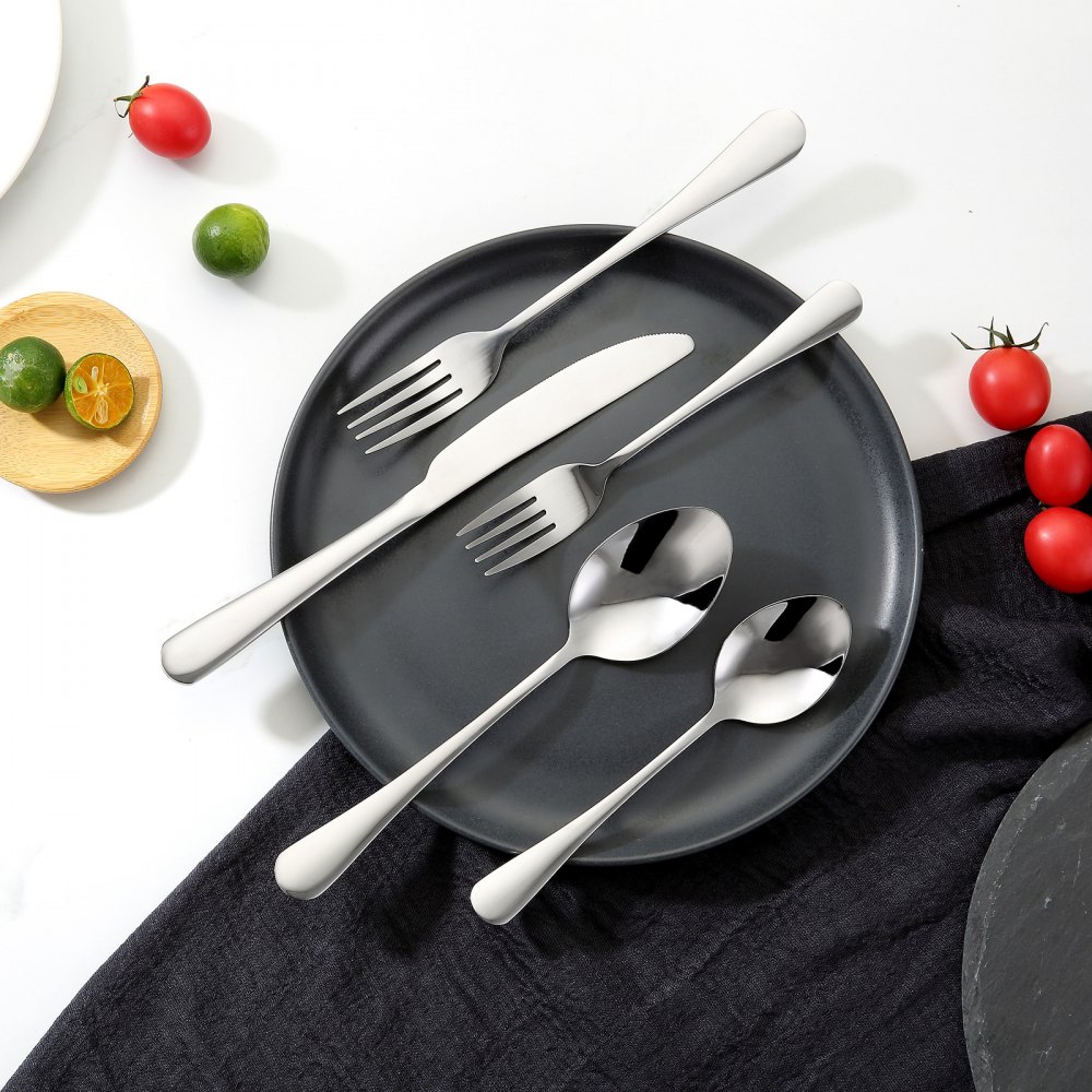 VEVOR Juego de Cubiertos de 30 Piezas, Acero Inoxidable de Grado Alimenticio, con Acabado de Espejo, Vajilla Apta para Lavavajillas, Servicio para 6 Personas, Incluye Cuchillo, Tenedor y Cuchara