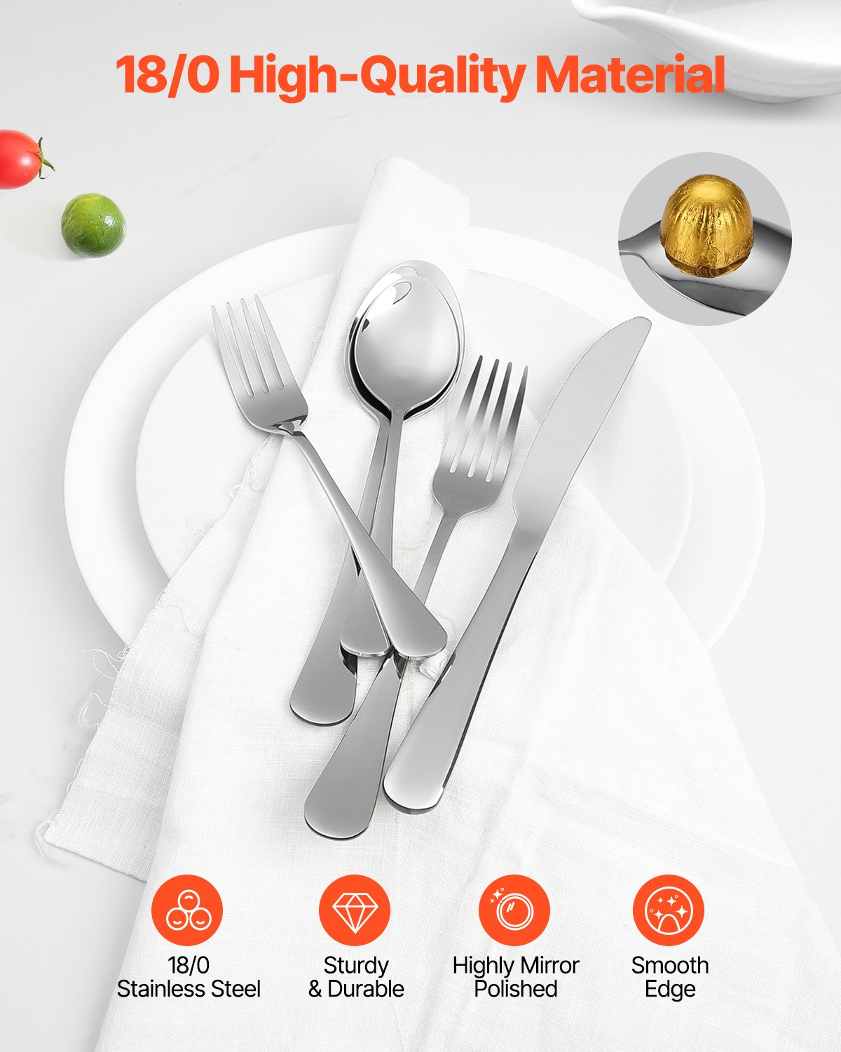 VEVOR Juego de Cubiertos de 30 Piezas, Acero Inoxidable de Grado Alimenticio, con Acabado de Espejo, Vajilla Apta para Lavavajillas, Servicio para 6 Personas, Incluye Cuchillo, Tenedor y Cuchara