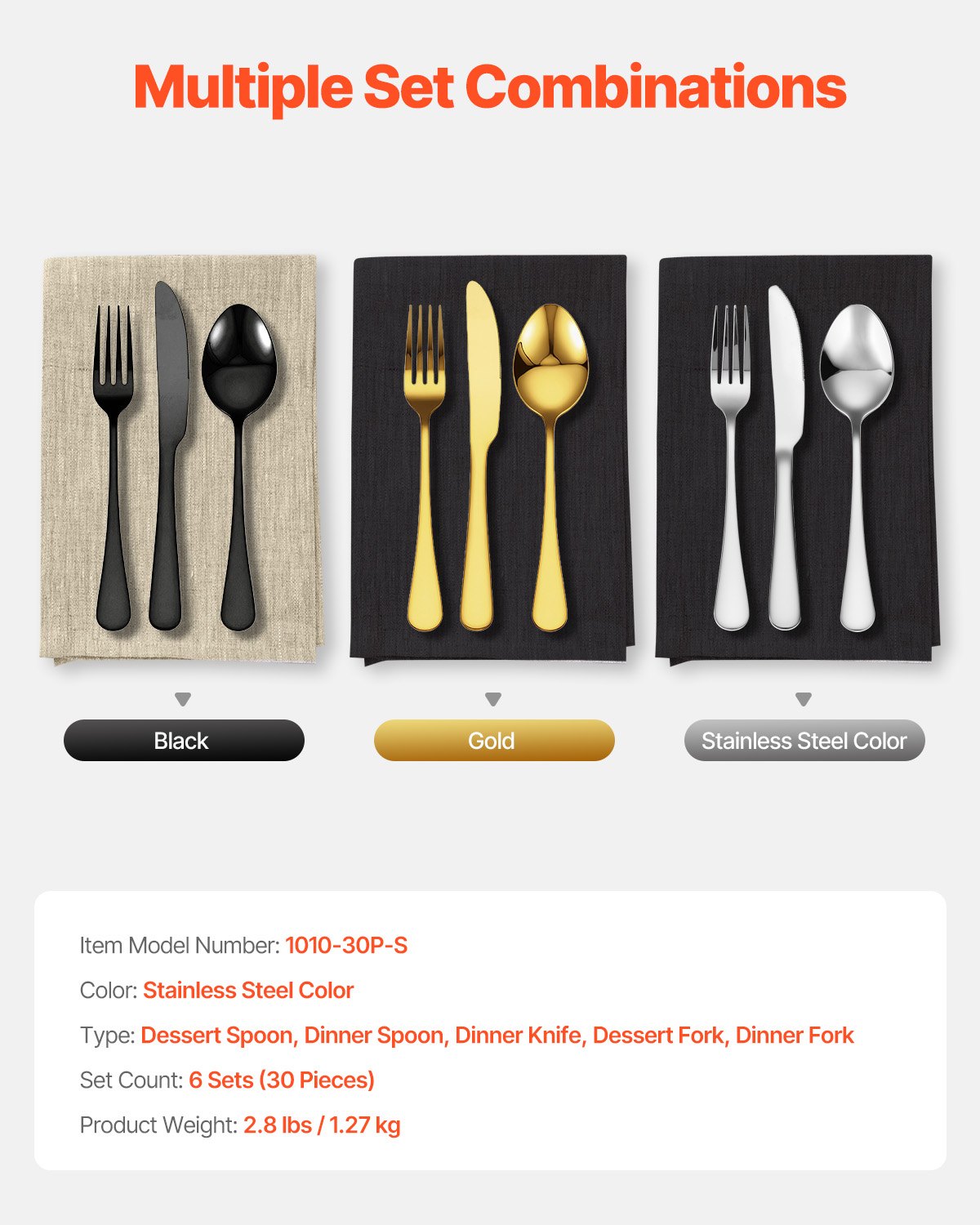 VEVOR Juego de Cubiertos de 30 Piezas, Acero Inoxidable de Grado Alimenticio, con Acabado de Espejo, Vajilla Apta para Lavavajillas, Servicio para 6 Personas, Incluye Cuchillo, Tenedor y Cuchara