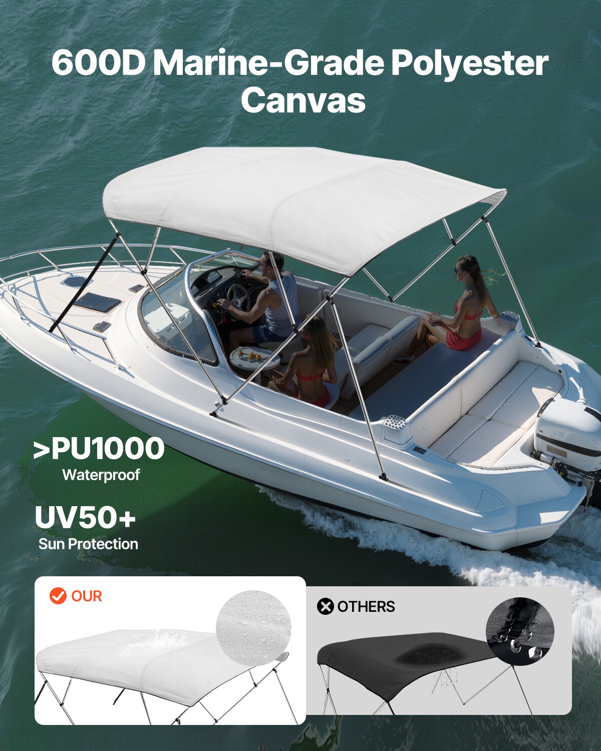 VEVOR Bimini Top Boat Cover Sunshade (4 arches) made of 600D polyester with aluminum alloy frame, waterproof sunshade boat awning with storage bag, 170-183 cm (W) Light Grey