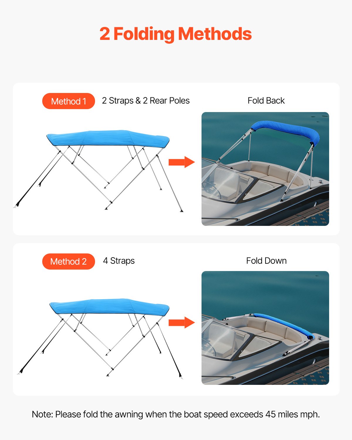 VEVOR Toldo Bimini para Barco 4 Arcos, de Poliéster 600D, Aleación de Aluminio, Impermeable y Parasol, Bolsa de Almacenamiento, 2 Postes de Soporte, 4 Correas, 244 x 173 x 137 cm, Azul Pacífico